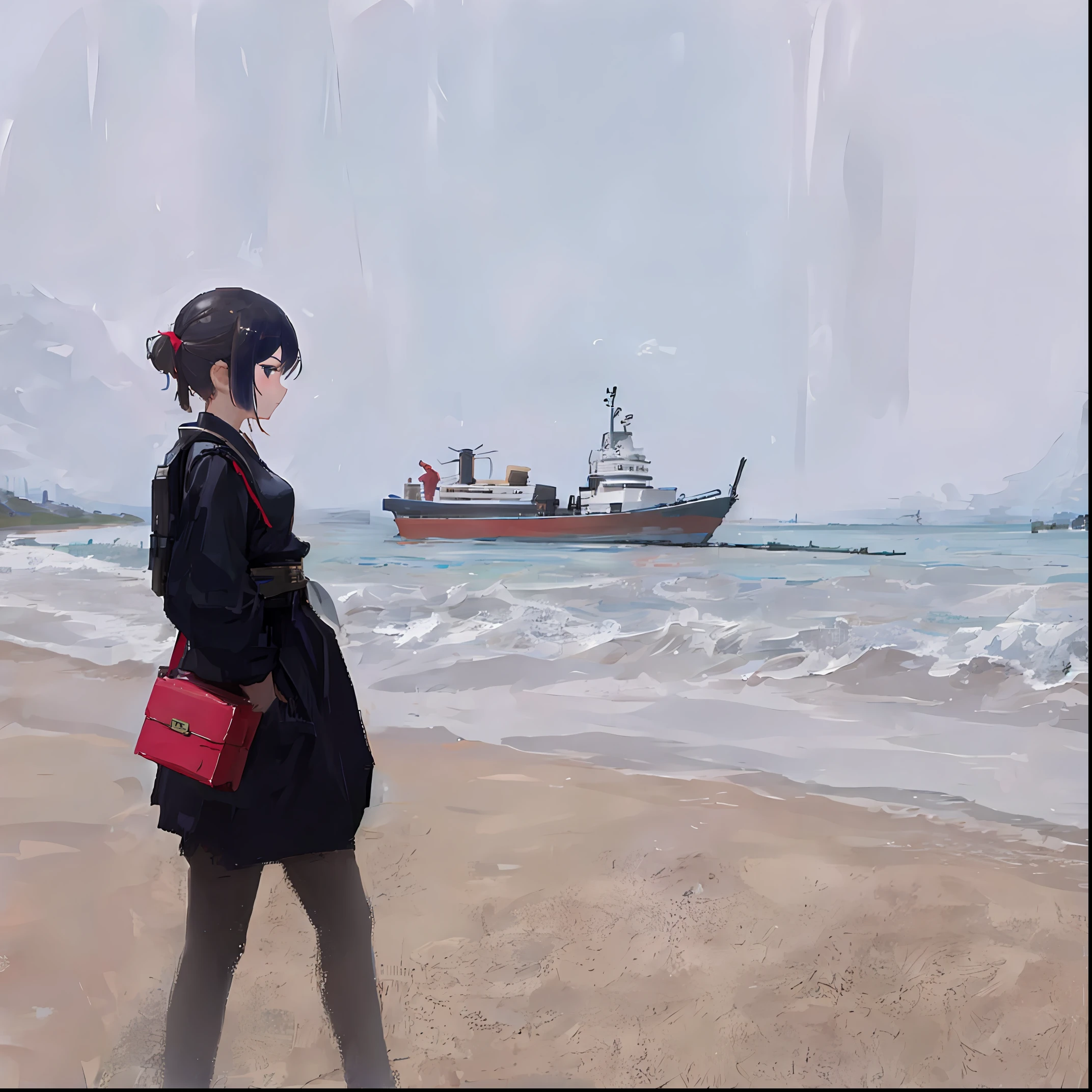 Oriental girl, two-dimensional, boat, beach, sky,