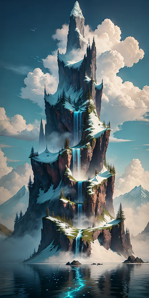 A masterpiece, there is a waterfall flowing down from a towering snow-capped mountain in the ocean, the snow-capped snow-capped mountain, the frozen sea, the effect is extremely beautiful. clouds. Clouds and mists are like fairyland. A detailed matte painting inspired by Jessica Rossier, Artstation contest winner, detail enhancement, fantasy art, epic matte painting of an island, mountains, 4k highly detailed digital art, 4k vertical wallpaper, 4k vertical wallpaper, 4k detail fantasy, matte painting 4k 8k, 8k matte painting