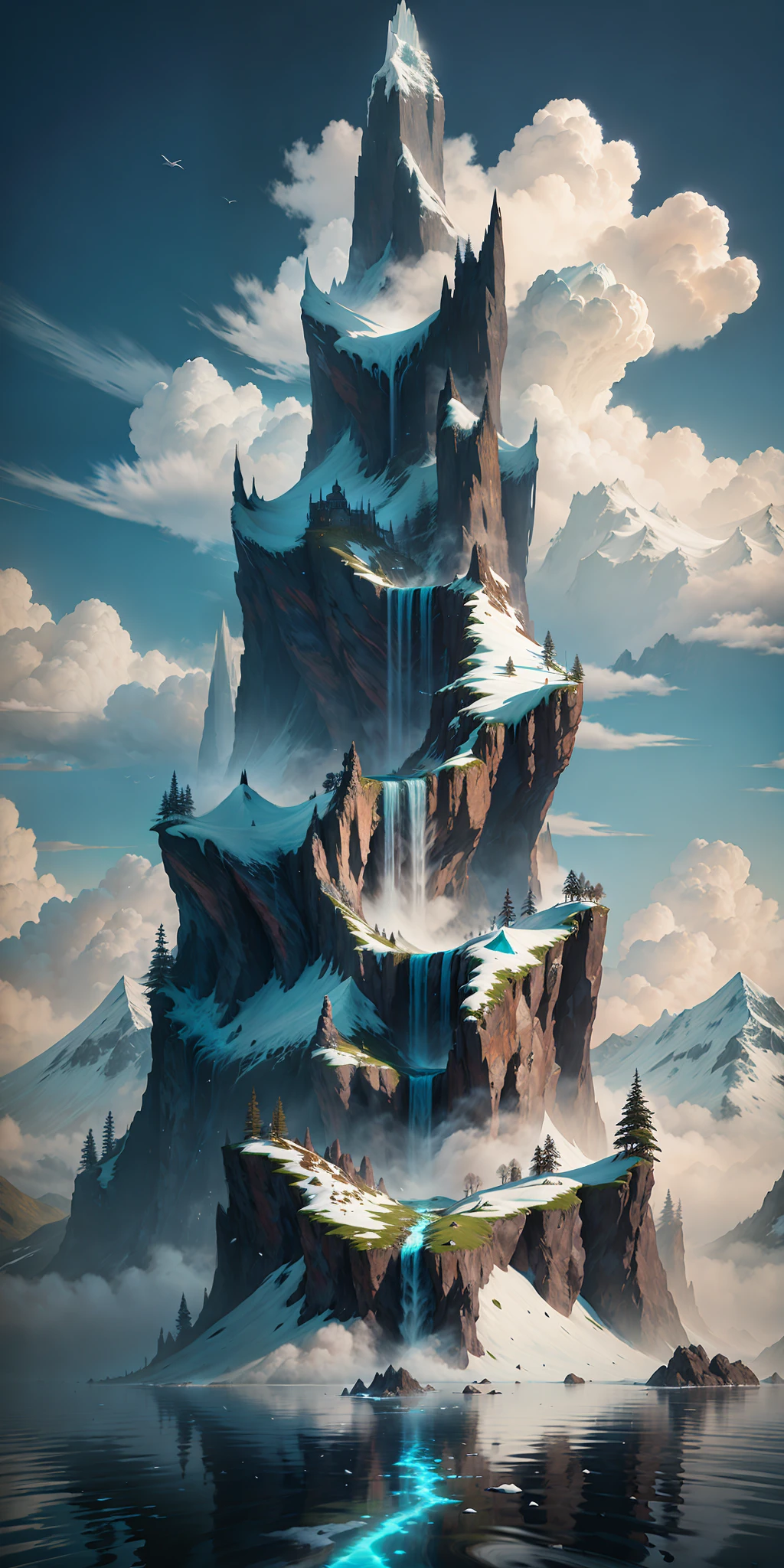 A masterpiece, there is a waterfall flowing down from a towering snow-capped mountain in the ocean, the snow-capped snow-capped mountain, the frozen sea, the effect is extremely beautiful. clouds. Clouds and mists are like fairyland. A detailed matte painting inspired by Jessica Rossier, Artstation contest winner, detail enhancement, fantasy art, epic matte painting of an island, mountains, 4k highly detailed digital art, 4k vertical wallpaper, 4k vertical wallpaper, 4k detail fantasy, matte painting 4k 8k, 8k matte painting