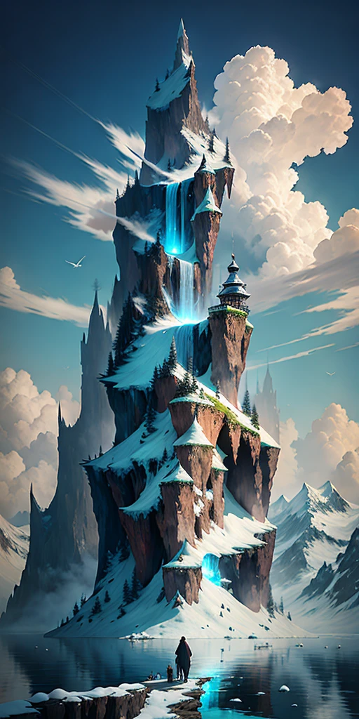 A masterpiece, there is a waterfall flowing down from the height of a standing snow-capped mountain in the ice of the ocean, the snow-capped snow-capped mountain, the ice surface, extremely beautiful effect. clouds. Clouds and mists are like fairyland. A detailed matte painting inspired by Jessica Rossier, Artstation contest winner, detail enhancement, fantasy art, epic matte painting of an island, mountains, 4k highly detailed digital art, 4k vertical wallpaper, 4k vertical wallpaper, 4k detail fantasy, matte painting 4k 8k, 8k matte painting