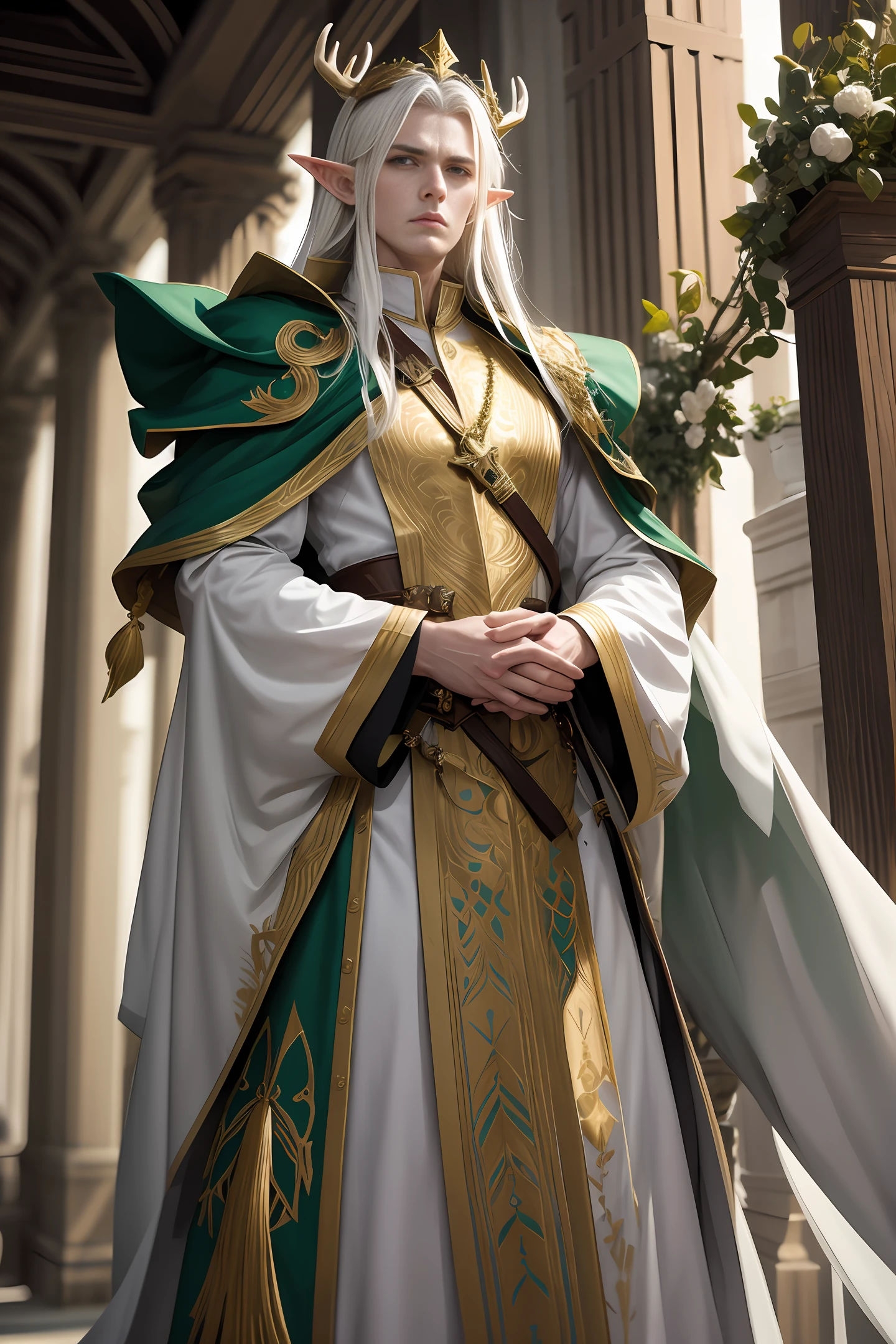 Handsome elf king with long white hair, serious and majestic expression, wearing golden antler crown, white and green nobleman robe with golden pattern on clothes, normal body proportions, wide shoulders, realistic masterpiece, best quality