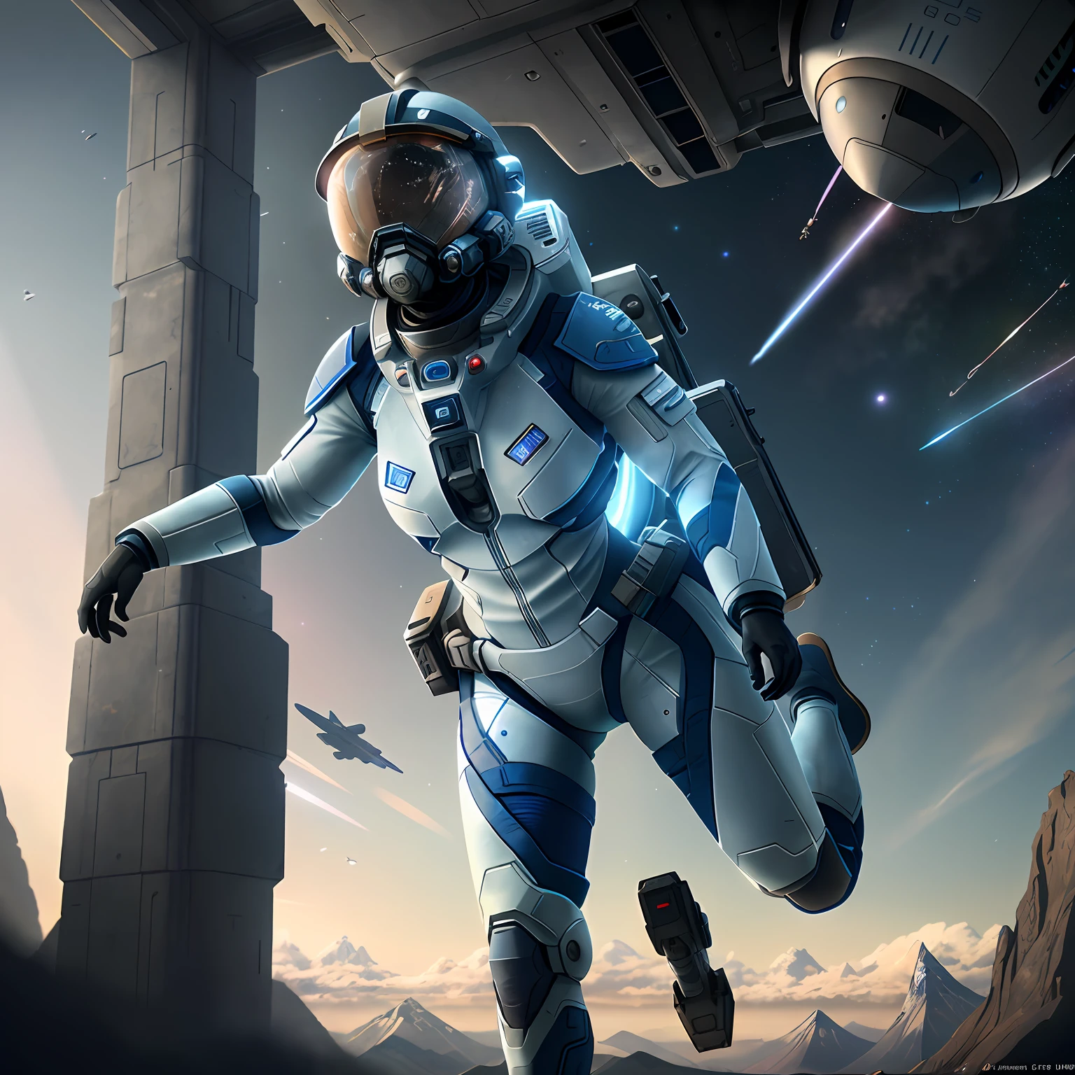 Very detailed RAW color photo, aerial view, full body, (female astronaut in a blue and white spacesuit, futuristic helmet, mask, respirator), female astronaut suspended in the air, sky, (science fiction), mountains (two satellites), sky: 0.8), (very detailed, complex), (lens flare), (very detailed, ultra-detailed, complex), (very detailed, ultra-detailed, complex), (Halo: 0.7), particle effects, ray tracking, movie lighting, Sony, deep view lens on a9 II, 24mm wide-angle lens, sharp focus, movie stills