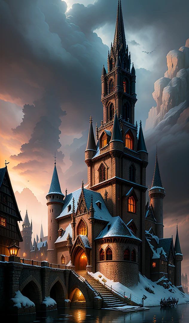 Medieval fantasy village, gothic architecture, steps, embankment, beautiful, mystical, beautiful, water, fantasy, scenic, threatening sky, winter, complex details, detailing, dramatic lighting, chiaroscuro, concept art, digital art, Jordan Grimmer, Darek Zabrotsky