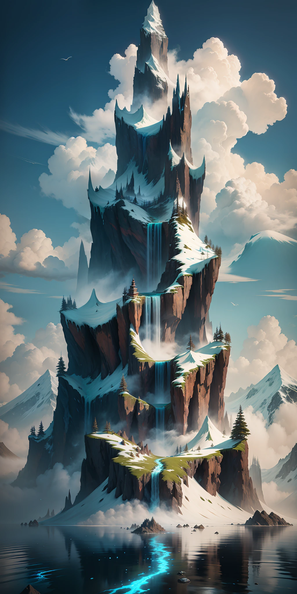 A masterpiece, there is a waterfall flowing down from a towering snow-capped mountain in the ocean, the snow-capped snow-capped mountain, the frozen sea, the effect is extremely beautiful. clouds. Clouds and mists are like fairyland. A detailed matte painting inspired by Jessica Rossier, Artstation contest winner, detail enhancement, fantasy art, epic matte painting of an island, mountains, 4k highly detailed digital art, 4k vertical wallpaper, 4k vertical wallpaper, 4k detail fantasy, matte painting 4k 8k, 8k matte painting