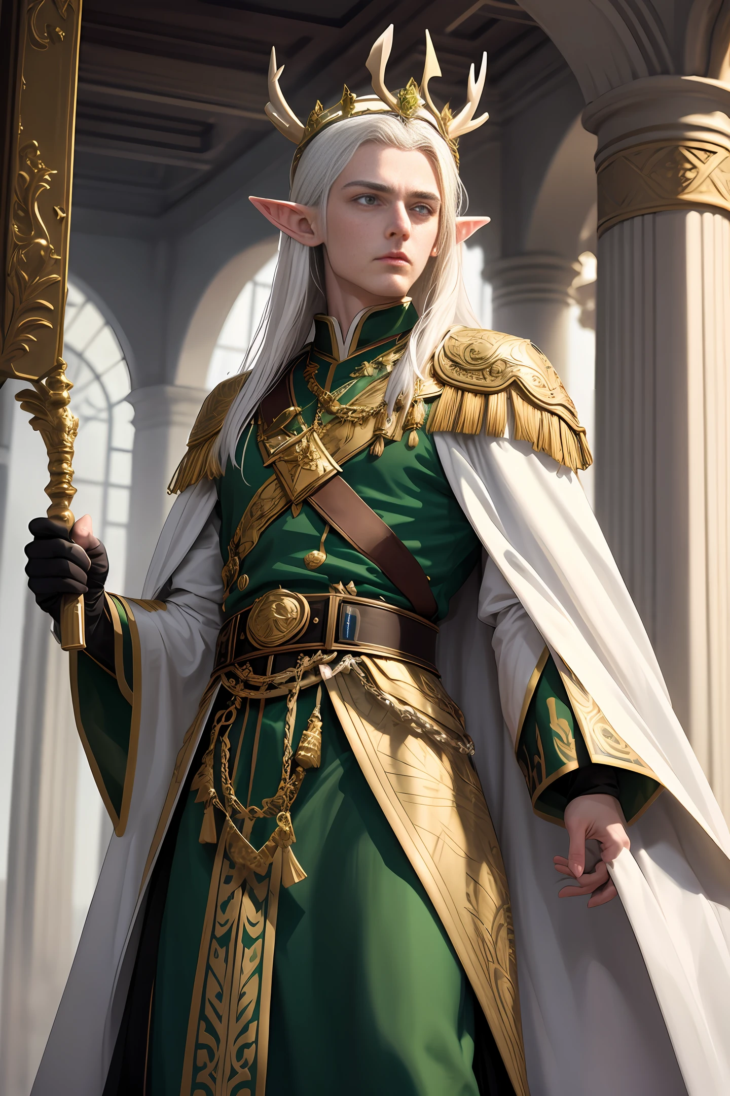 Handsome elf king with long white hair, serious and majestic expression, wearing golden antler crown, white and green nobleman robe with golden pattern on clothes, normal body proportions, wide shoulders, realistic masterpiece, best quality