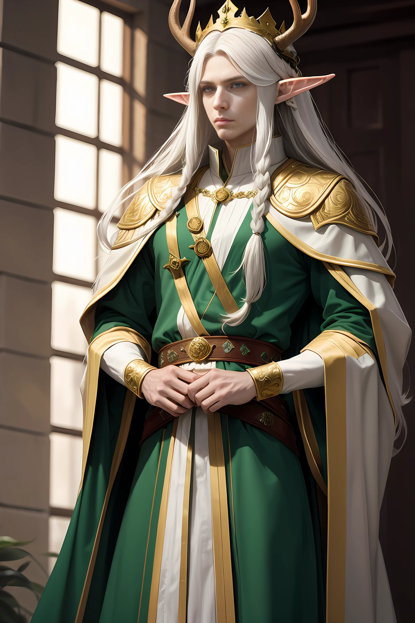 Handsome elf king with long white hair, serious and majestic expression, wearing golden antler crown, white and green nobleman robe with golden pattern on clothes, normal body proportions, wide shoulders, realistic masterpiece, best quality