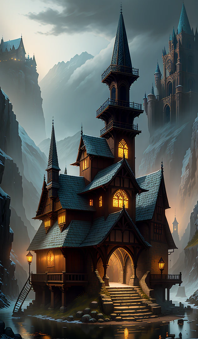Medieval fantasy village, gothic architecture, steps, embankment, beautiful, mystical, beautiful, water, fantasy, scenic, threatening sky, winter, complex details, detailing, dramatic lighting, chiaroscuro, concept art, digital art, Jordan Grimmer, Darek Zabrotsky