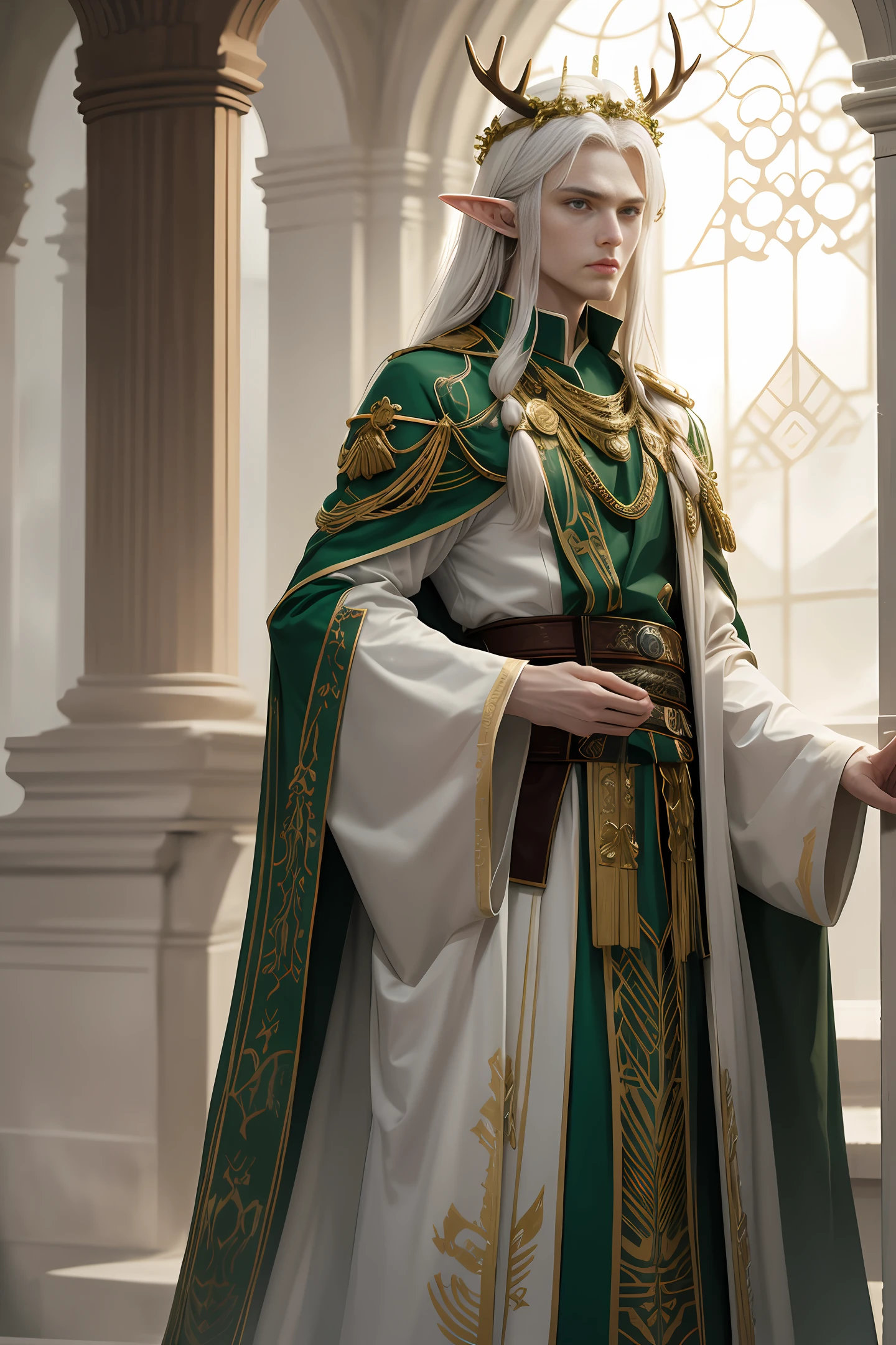 Handsome elf king with long white hair, serious and majestic expression, wearing golden antler crown, white and green nobleman robe with golden pattern on clothes, normal body proportions, wide shoulders, realistic masterpiece, best quality