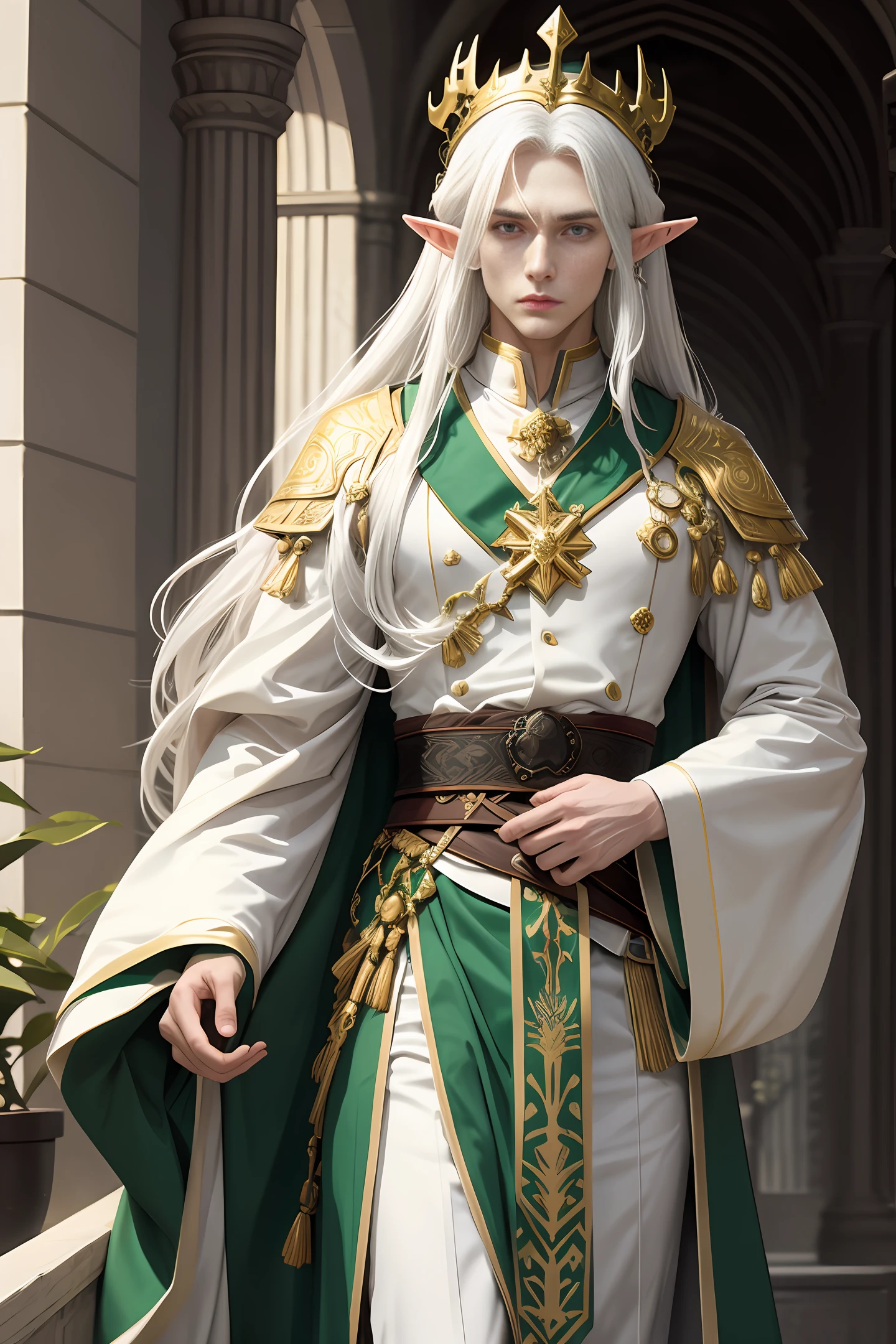 Handsome elf king with long white hair, serious and majestic expression, wearing golden antler crown, white and green nobleman robe with golden pattern on clothes, normal body proportions, wide shoulders, realistic masterpiece, best quality