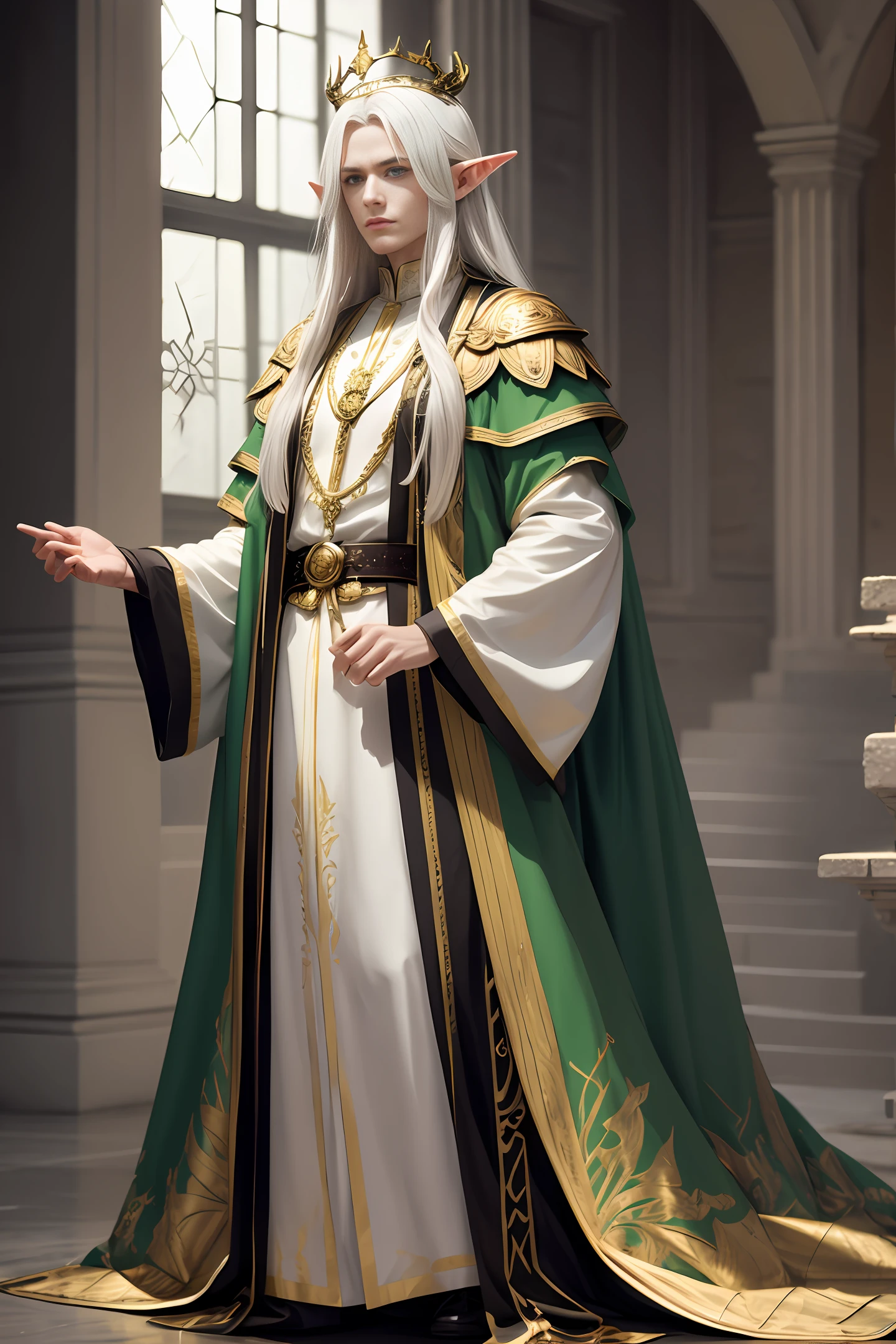 Handsome elf king with long white hair, serious and majestic expression, wearing golden antler crown, white and green nobleman robe with golden pattern on clothes, normal body proportions, wide shoulders, realistic masterpiece, best quality