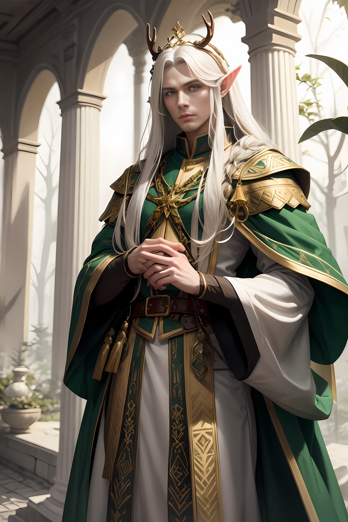 Handsome elf king with long white hair, serious and majestic expression, wearing golden antler crown, white and green nobleman robe with golden pattern on clothes, normal body proportions, wide shoulders, realistic masterpiece, best quality