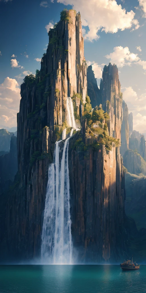 masterpiece, best quality, high quality, extremely detailed CG unity 8k wallpaper, landscape, outdoors, sky, cloud, day, no people, mountain, landscape, water, tree, blue sky, waterfall, rock, nature, lake, river , cloudy sky, award-winning photography, bokeh, depth of field, HDR, bloom, chromatic aberration, photorealistic, extremely detailed, popular on artstation, popular on CGsociety, complex, high detail, dramatic, midway art