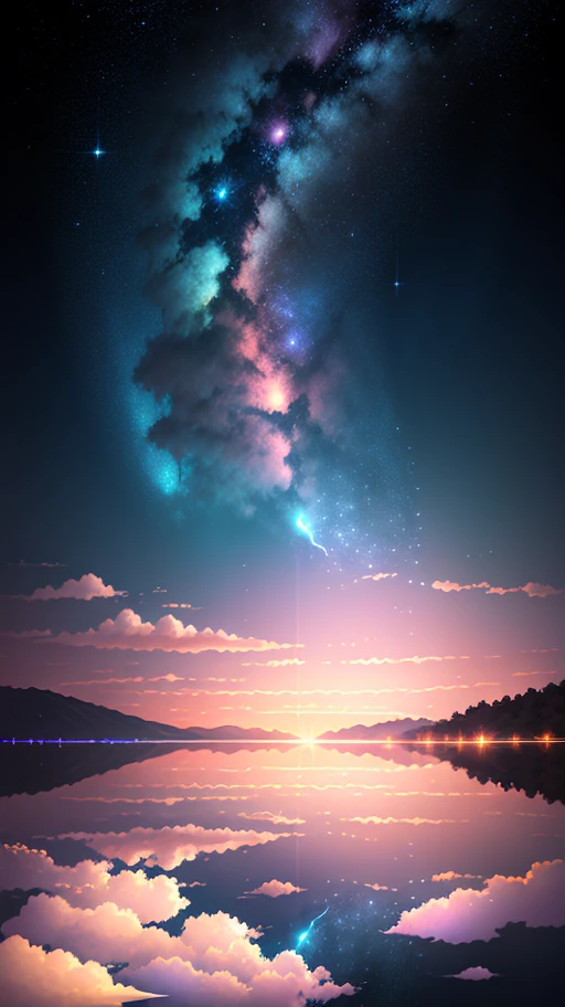 Shoot a picture of a comet over a lake, your name movie style, anime backgrounds, anime movie backgrounds, perfect reflection effects, anime sky, amazing wallpapers, your name, colorful anime movie backgrounds, anime clouds, beautiful anime Scene, anime background art, cosmic sky. Author: Makoto Shinkai, ufotable art style, anime beautiful peaceful scenes, atmospheric anime