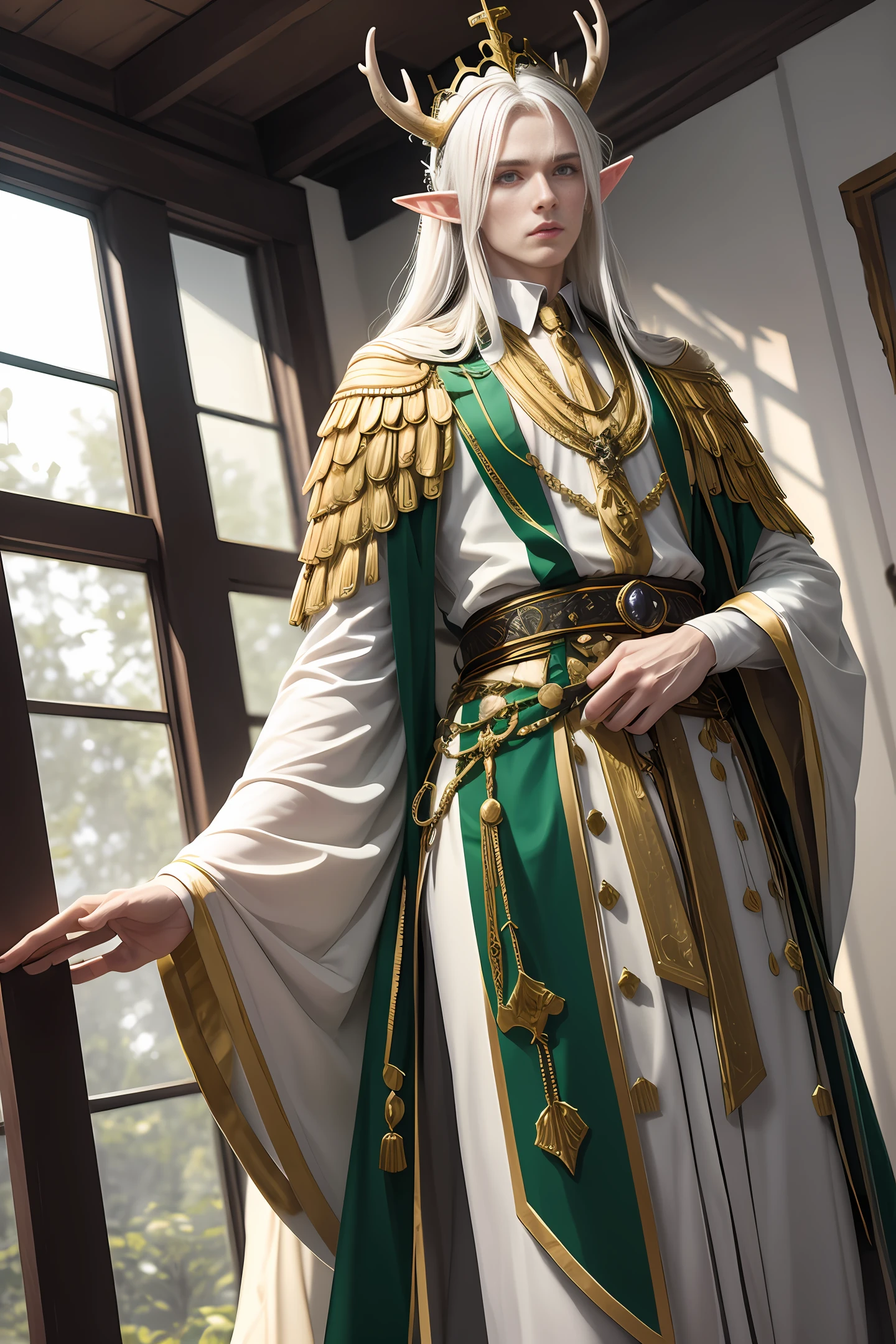 Handsome elf king with long white hair, serious and majestic expression, wearing golden antler crown, white and green nobleman robe with golden pattern on clothes, normal body proportions, wide shoulders, realistic masterpiece, best quality