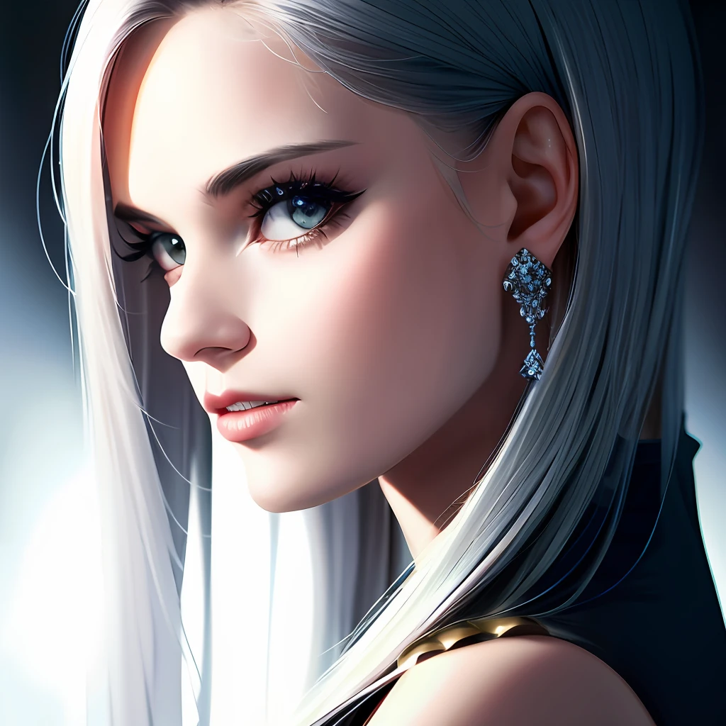 1girl, high quality, 8k, HDR, rtx, (masterpiece), high resolution, silver hair, vampire, bare shoulders, shiny skin, dramatic lighting, raw photo, over shoulder hair, earrings, shadow, closed mouth, long hair, blurry,