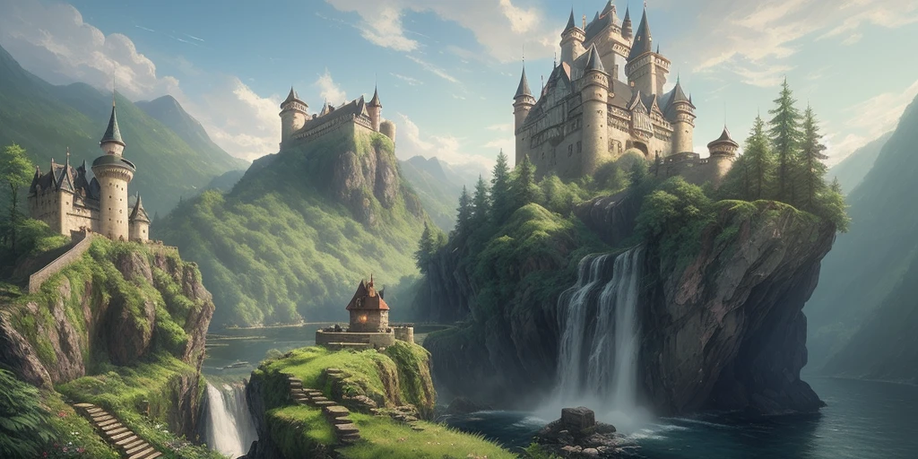 Beautiful castle by a waterfall in the forest, Josef Thoma, matte painting, popular on HQ artstation, sharp focus, illustration, volumetric lighting, epic composition, 8k, art by Akihiko Yoshida, Greg Rutkowski and Craig Mullins, oil painting, cgsociety