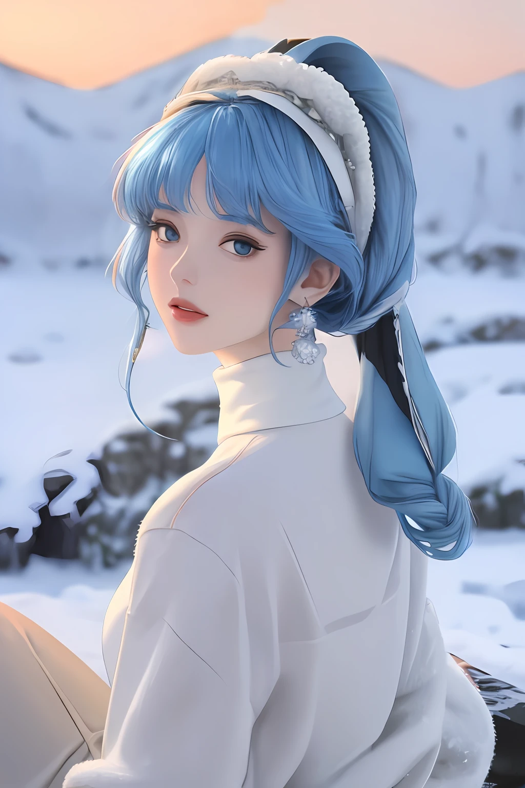 (masterpiece, side light, exquisite eyes: 1.1), masterpiece portrait, realistic, 3d face, glowing eyes, shiny hair, shiny skin, solo, full body, big breasts, no nose, look elsewhere, ( (braided ponytail, blue hair), snow background, (white turtleneck, pompom, Heritage Sahara earrings), turned around, from the back, sitting position, (air bangs), AW BRIDAL crystal bridal headband