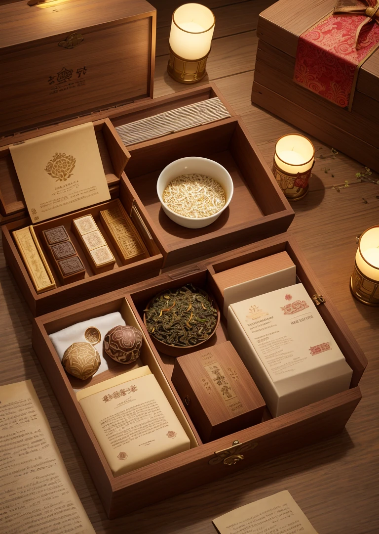 The appearance of the tea box, exquisite, very fine, exquisite tea cups, scattered tea leaves, soft lighting