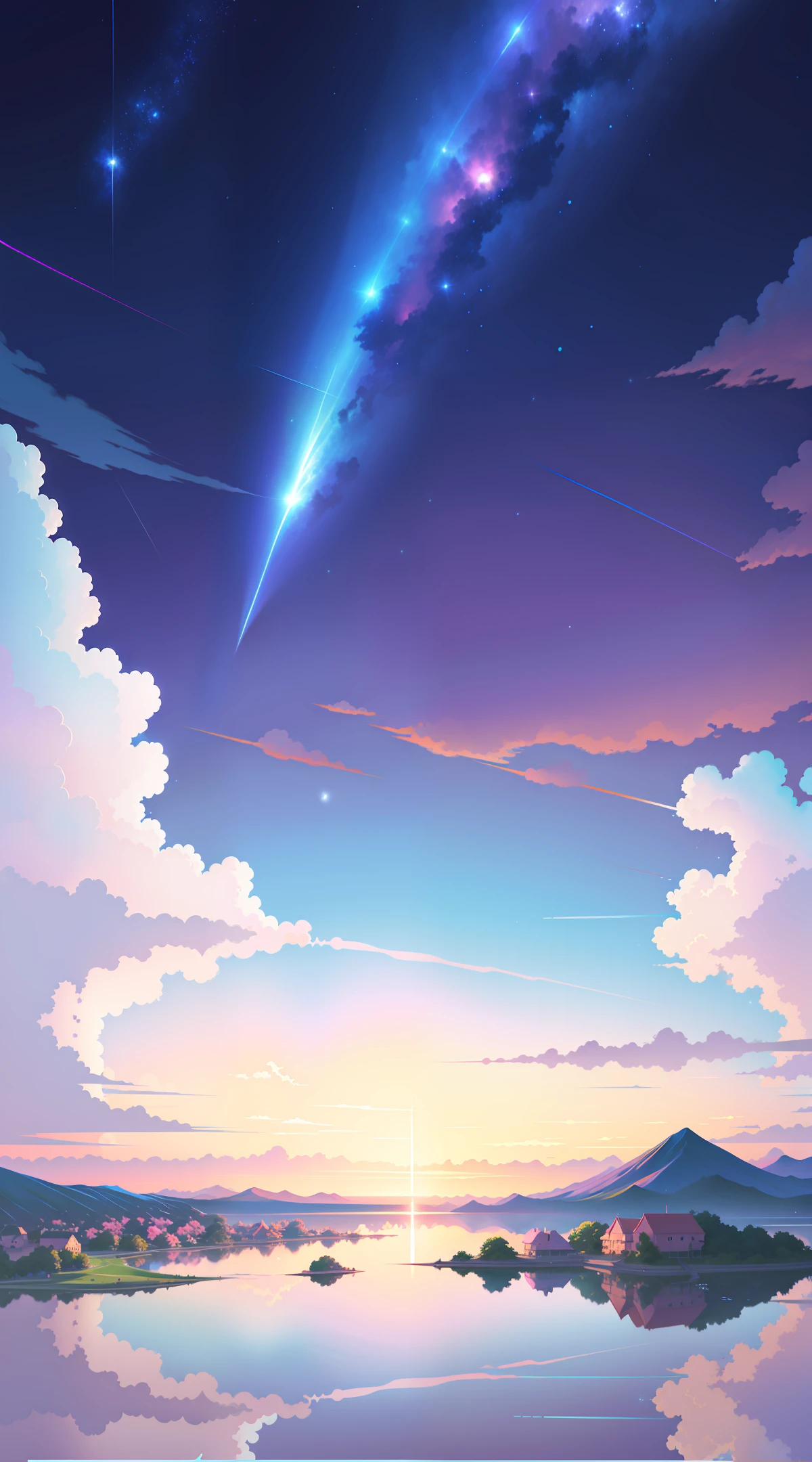 Shooting a painting of shooting stars over the lake, there are two shooting stars, pink and blue shooting stars. The blue sky, the pink-purple lake surface, has a layered color transition. You name it movie style, anime backgrounds, anime movie backgrounds, perfect reflection effects, anime sky, amazing wallpapers, vibrant colors, vibrant colors, bright colors. You name it, colorful anime movie backgrounds, anime clouds, no houses, no buildings, no humans. There are no ships. Beautiful anime scenes, anime background art, cosmic sky. Author: Makoto Shinkai, ufotable art style, anime beautiful peaceful scenes, atmospheric anime