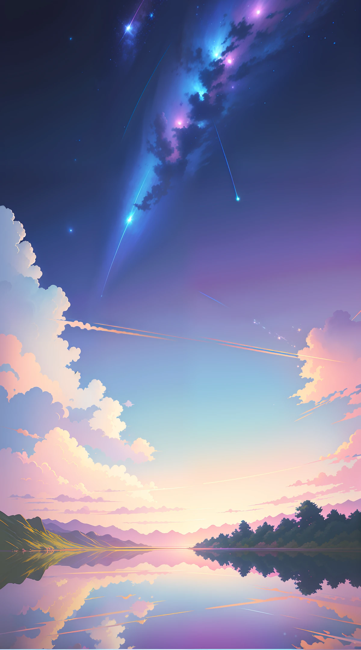 Shooting a painting of shooting stars over the lake, there are two shooting stars, pink and blue shooting stars. The blue sky, the pink-purple lake surface, has a layered color transition. You name it movie style, anime backgrounds, anime movie backgrounds, perfect reflection effects, anime sky, amazing wallpapers, vibrant colors, vibrant colors, bright colors. You name it, colorful anime movie backgrounds, anime clouds, no houses, no buildings, no humans. There are no ships. Beautiful anime scenes, anime background art, cosmic sky. Author: Makoto Shinkai, ufotable art style, anime beautiful peaceful scenes, atmospheric anime