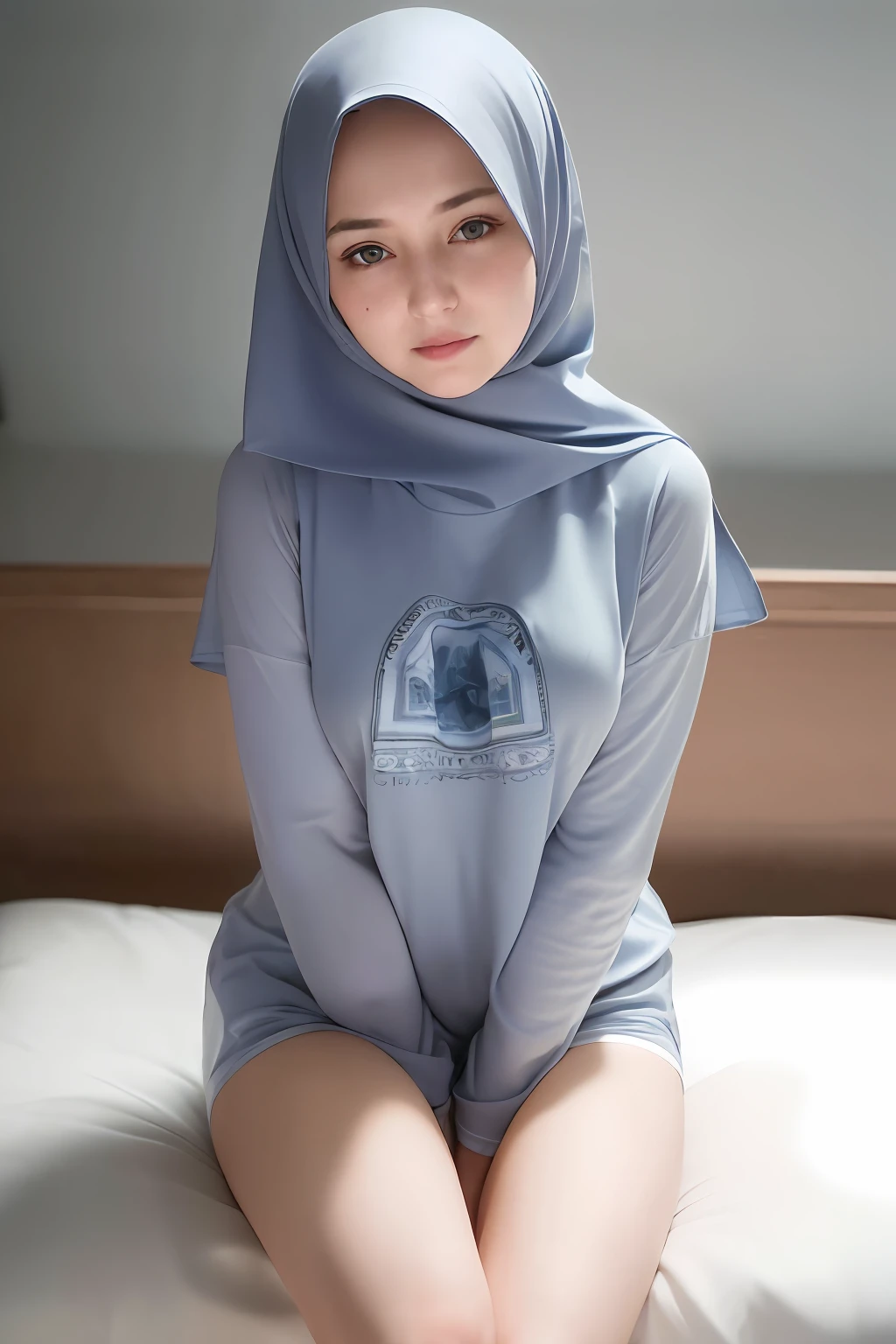 Russian, (best quality, ultra high res, raw photo, masterpiece, extremely detailed photograph), (photorealistic:1.4), 1girl, (loose t-shirt1.4), light smile, solo focus, looking at viewer, close up, gray hair, blue eyes, from above, (sitting on bed), (wavy hair),hijab
