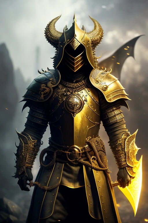 A (full body:1.3) shot at 8k resolution, splash art, fantastic comic book style , realistic digital painting portrait of a young knight, 1 man, (golden long hair:1.1) ,no beard, clean face, (Dungeon and Dragon:1.3), realistic, black metal armor with yellow engrave in intricate details, (light particle:1.1), (very detailed skin:1.2), (game concept:1.3), (arcane style:0.8), (depth of field:1.3), global illumination