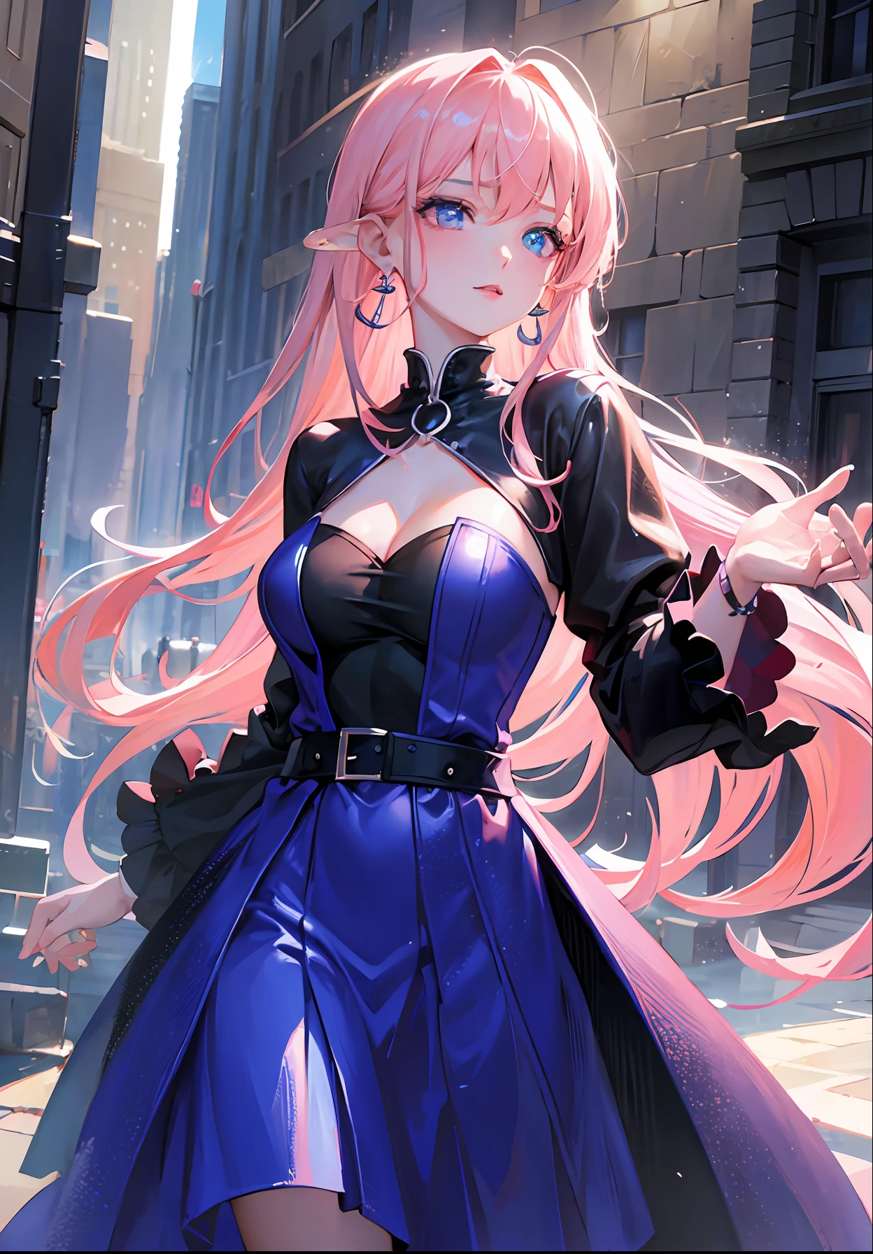 Best quality, masterpiece, ultra high res, (photorealistic:1.4), raw photo, 1girl, pink hair, shiny skin, dramatic lighting, (fantasy), vampire, horn, earrings, blue dress