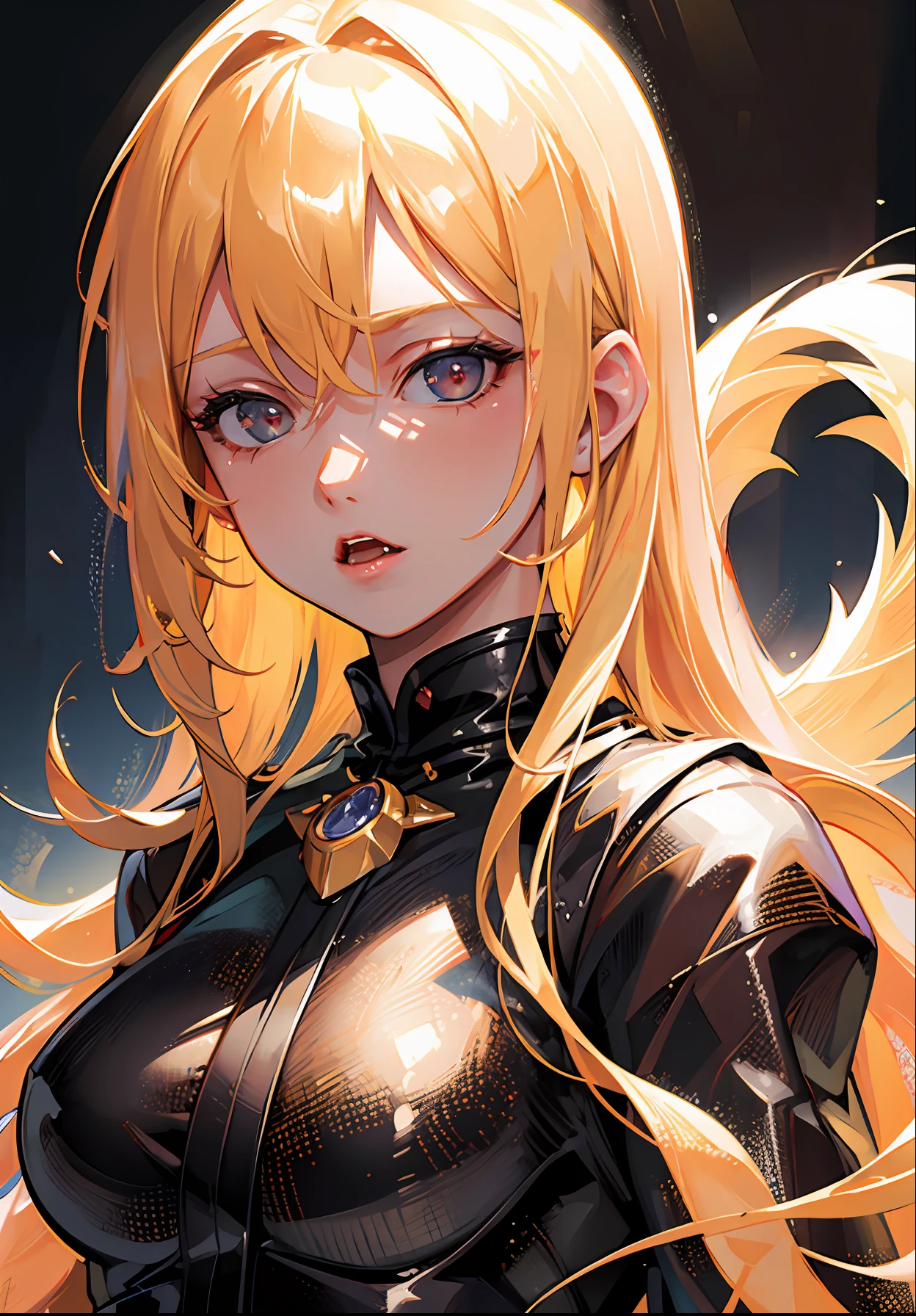 Best quality, masterpiece, ultra high res, (photorealistic:1.4), raw photo, 1girl, blonde hair, shiny skin, dramatic lighting, (fantasy), vampire, horn,