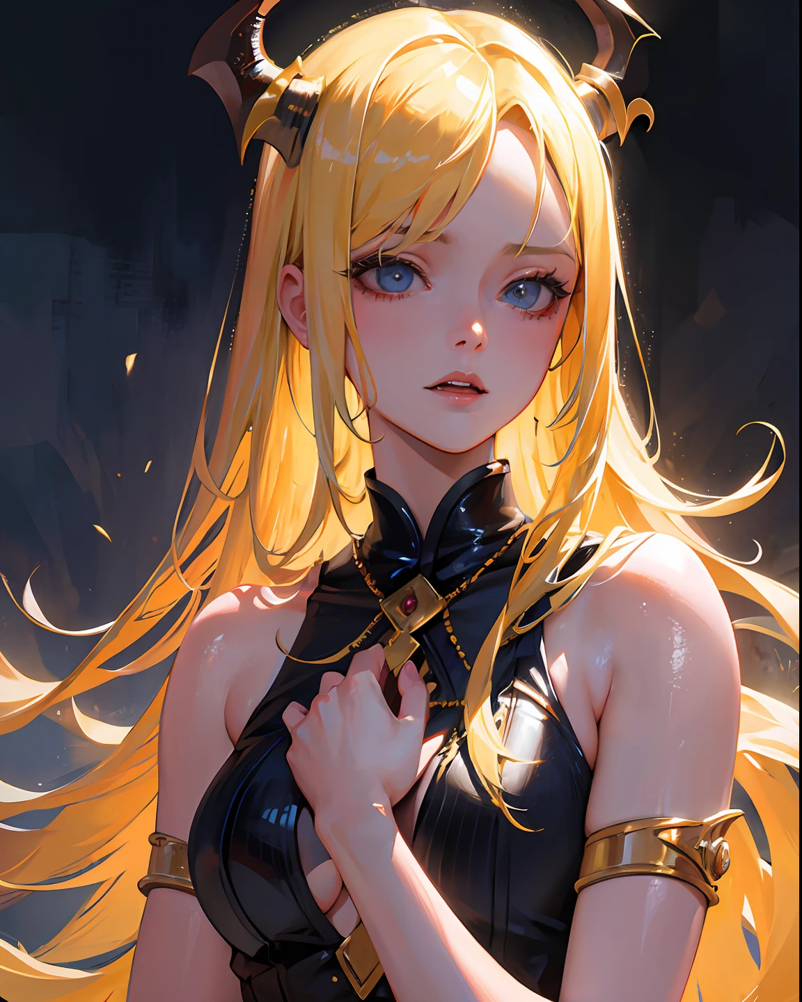Best quality, masterpiece, ultra high res, (photorealistic:1.4), raw photo, 1girl, blonde hair, shiny skin, dramatic lighting, (fantasy), vampire, horn,
