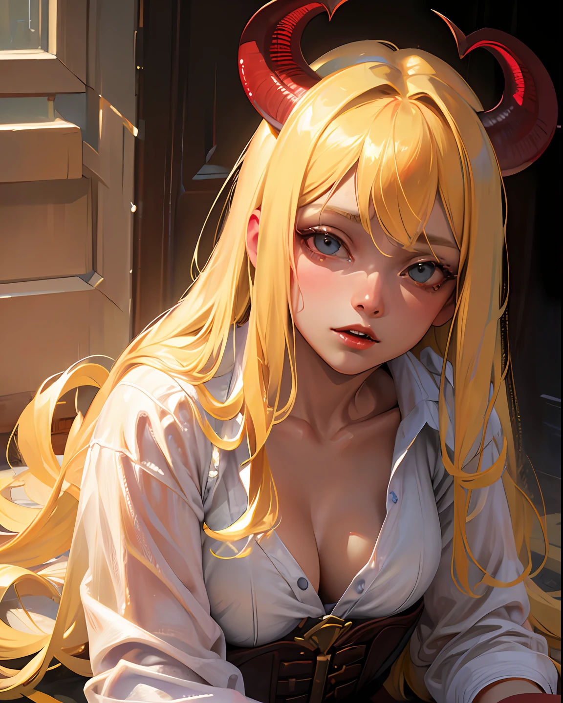 Best quality, masterpiece, ultra high res, (photorealistic:1.4), raw photo, 1girl, blonde hair, shiny skin, dramatic lighting, (fantasy), vampire, horn,