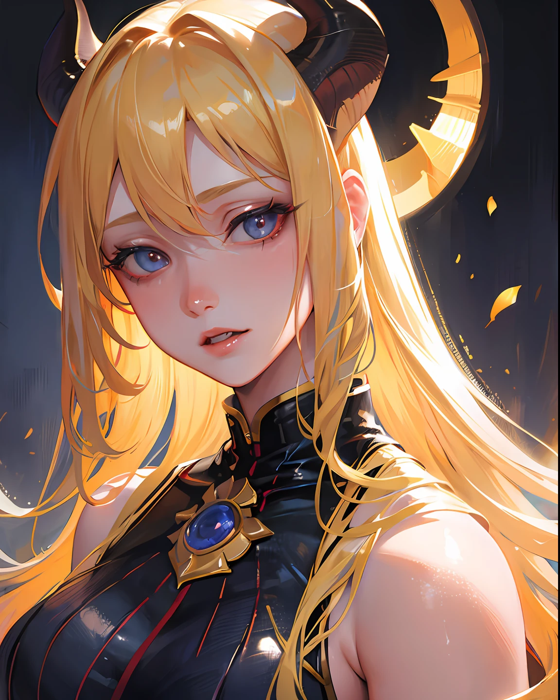 Best quality, masterpiece, ultra high res, (photorealistic:1.4), raw photo, 1girl, blonde hair, shiny skin, dramatic lighting, (fantasy), vampire, horn,