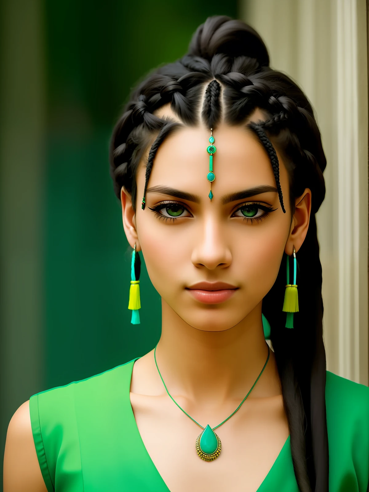 Protrait, photograph, androgynous hunnuman, oval jaw, delicate features, beautiful face, dreadlocked hair, long bangs, long ponytail, bright blue-green eyes, hindu art