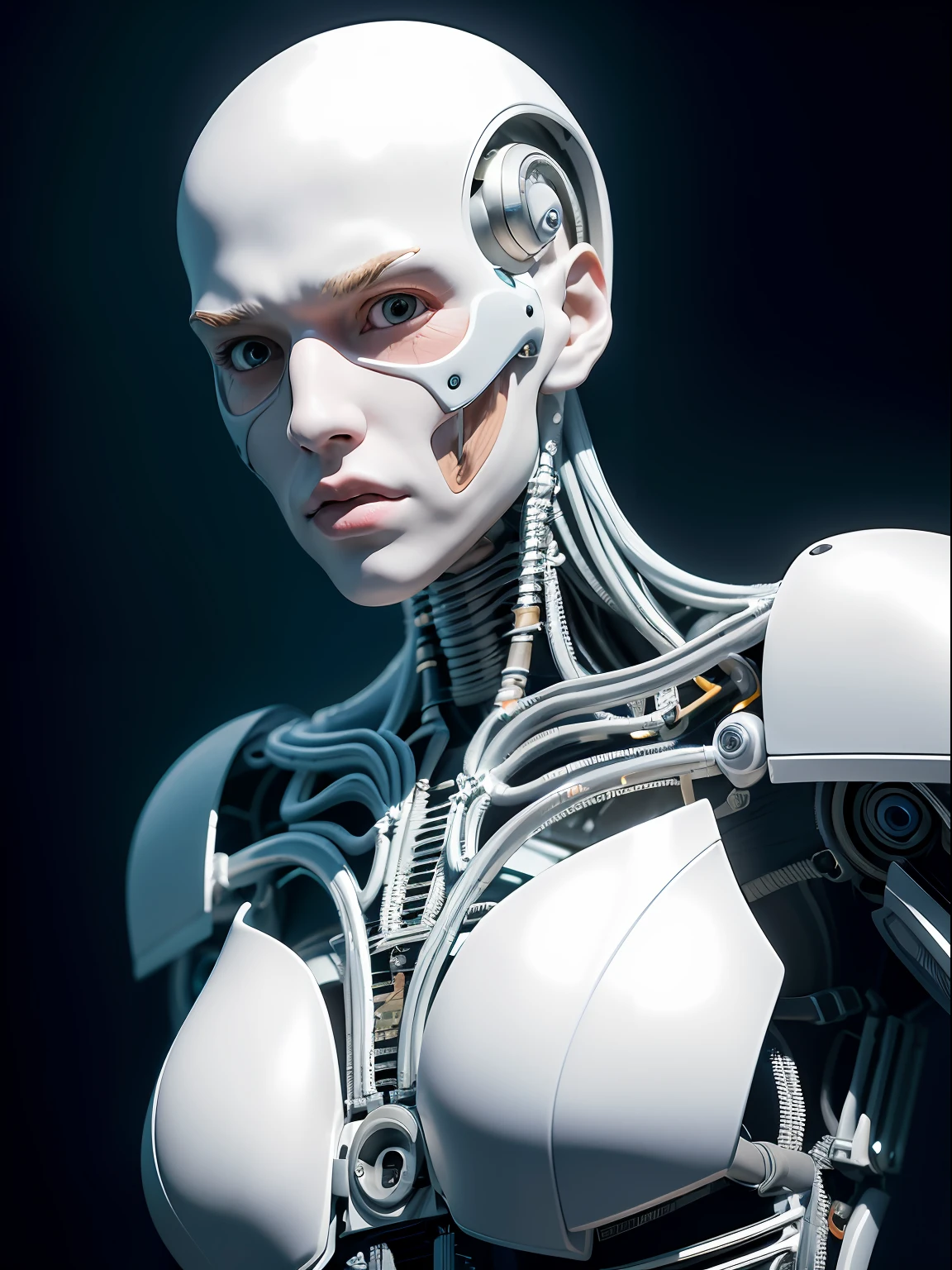 complex 3d render ultra detailed of a beautiful porcelain profile young man android face, cyborg, robotic parts, 150 mm, beautiful studio soft light, rim light, vibrant details, luxurious cyberpunk, lace, hyperrealistic, anatomical, facial muscles, cable electric wires, microchip, elegant, beautiful background, octane render, H. R. Giger style, 8k, best quality, masterpiece, illustration, an extremely delicate and beautiful, extremely detailed ,CG ,unity ,wallpaper, (realistic, photo-realistic:1.37),Amazing, finely detail, masterpiece,best quality,official art, extremely detailed CG unity 8k wallpaper, absurdres, incredibly absurdres,  robot, silver halmet, full body, sitting