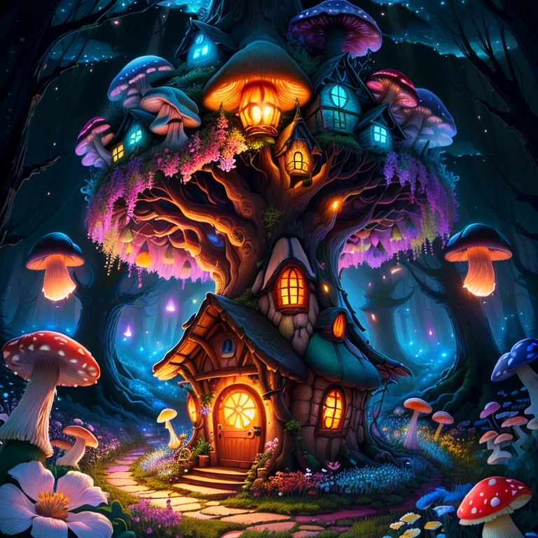 (Swirling clouds and colorful flowers), (forest fireflies fantasy mushroom house), (midnight), (Irregular), (mysterious), (ridiculous), dreamy, disney, t shirt design, vector,
