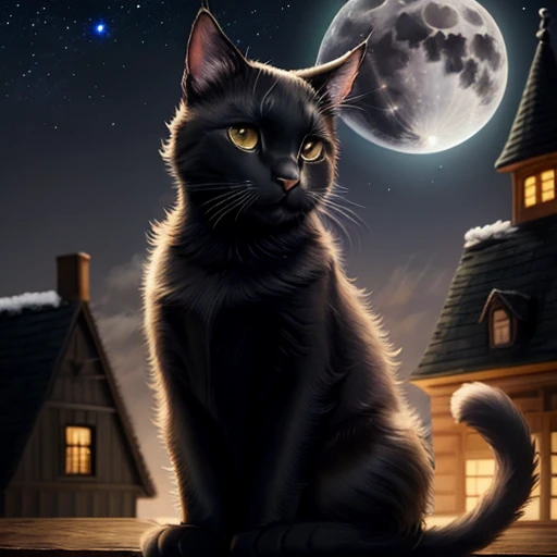 high quality, black cat, universe eyes, long fur, night background, roof backgrond, big moon