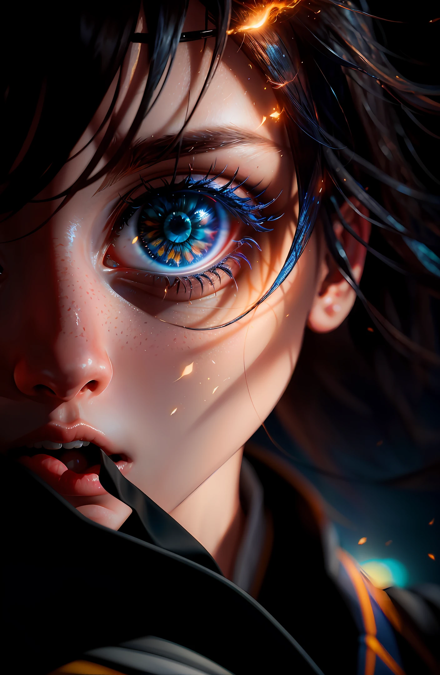 (close shot), frightened, (1 girl) hair falling, (night), masterpiece, high quality, single focus, (total: 1.04), (blue eyes: 1.1), (perfect face: 1.1), very detailed eyes, terrified stare, dense meteor fall, streaking fiery light, sky horror, Nikon d850 4 Kodak portra 400 camera f1.6 lens rich colors, ultra realistic textures, dramatic Unreal Engine lighting on Artstation Synestill 800 very popular
