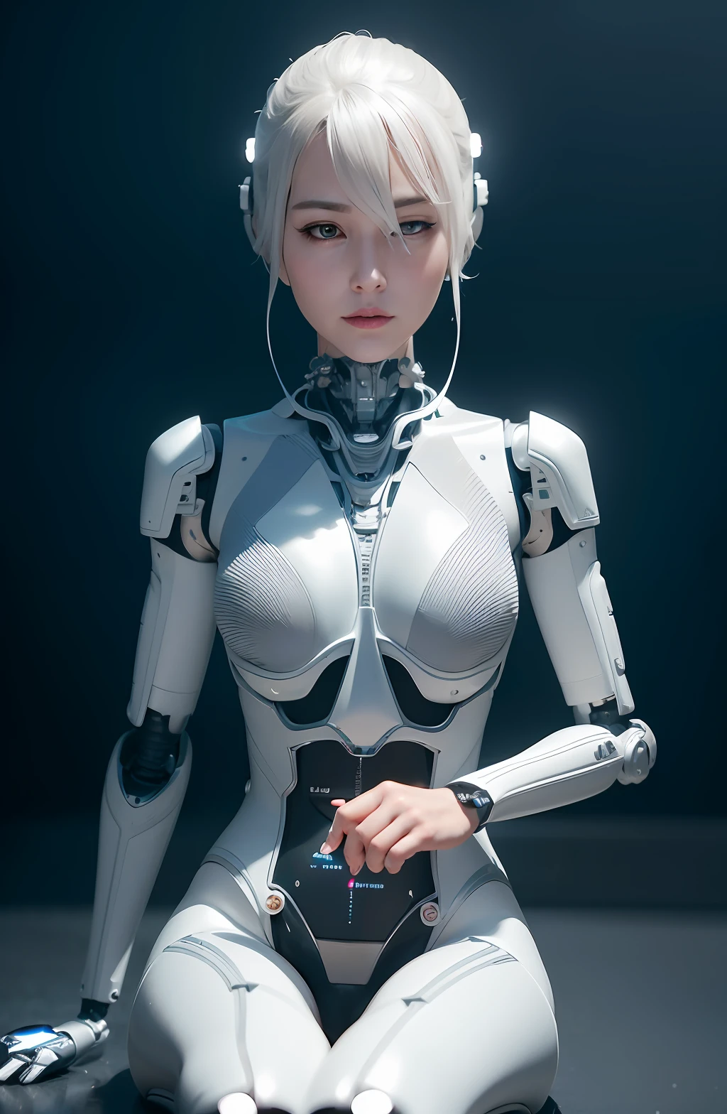 Intricate 3d rendering of highly detailed beautiful ceramic silhouette female robot face, cyborg, robotic parts, 150 mm, beautiful studio soft light, rim light, vibrant details, luxury cyberpunk, lace, surreal, ??????? , Facial Muscles, Cable Wires, Microchip, Elegant, Beautiful Background, Octane Rendering, HR Giger Style, 8k, Best Quality, Masterpiece, Illustration, Very Delicate and Beautiful, Very Detailed, CG, Uniform, Wallpaper, (fidelity, fidelity: 1.37), amazing, fine detail, masterpiece, best quality, official art, very detailed cg unity 8k wallpaper, absurd, unbelievably absurd, robot, silver helmet, full body , sit and write
