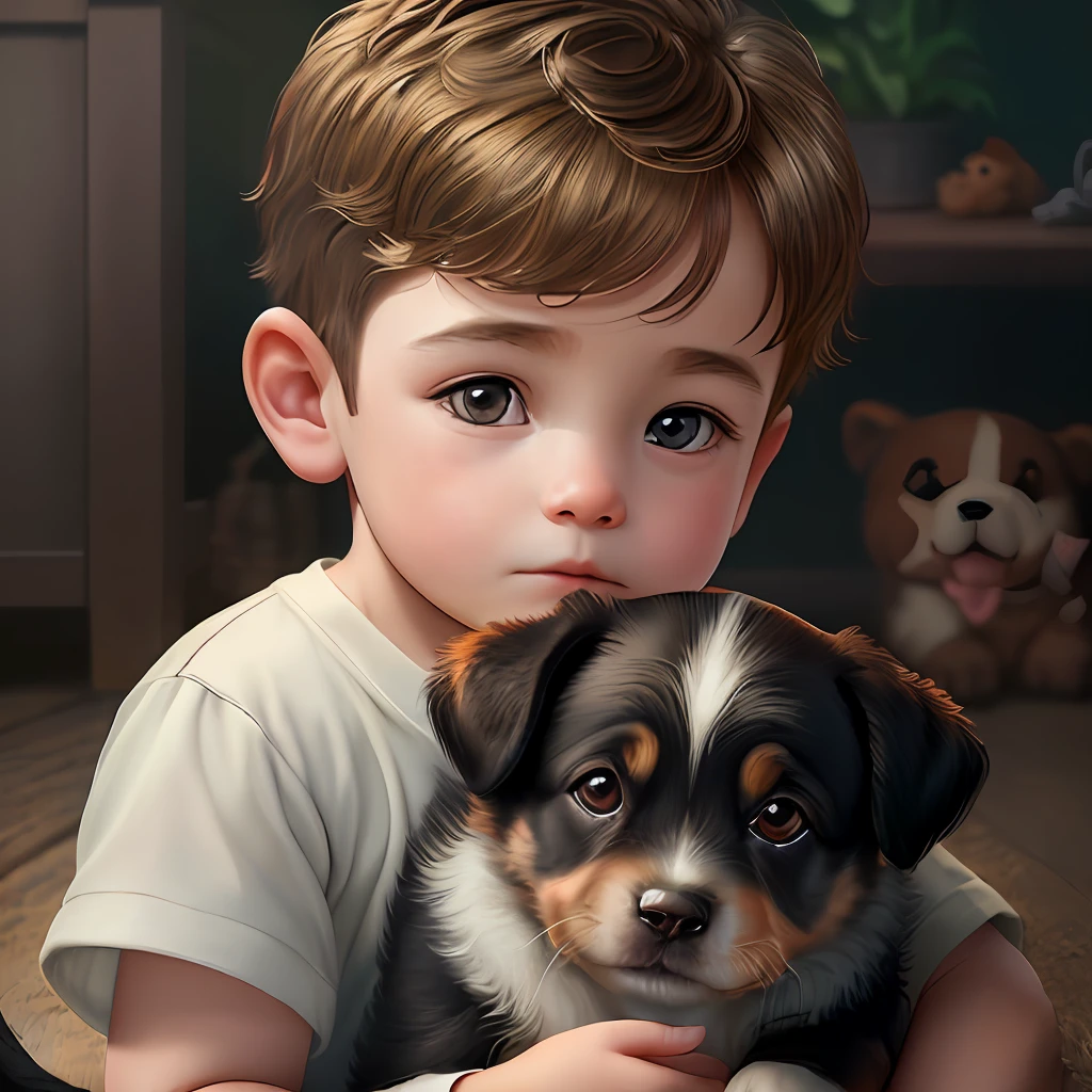 little boy with puppy, (masterpiece:1.3), (best_quality:1.3), (ultra_detailed:1.5), 8k, extremely_clear, realism, (ultrarealistic:1.5)