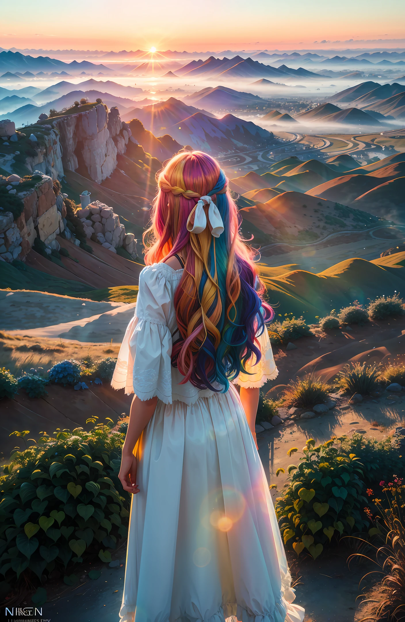 (far view), (1 girl) with loose hair, (sunrise), masterpiece, high quality, morning glow, multicolored glow, nikon d850 4 Kodak portra 400 camera f1.6 lens rich colors, ultra realistic textures, unreal engine