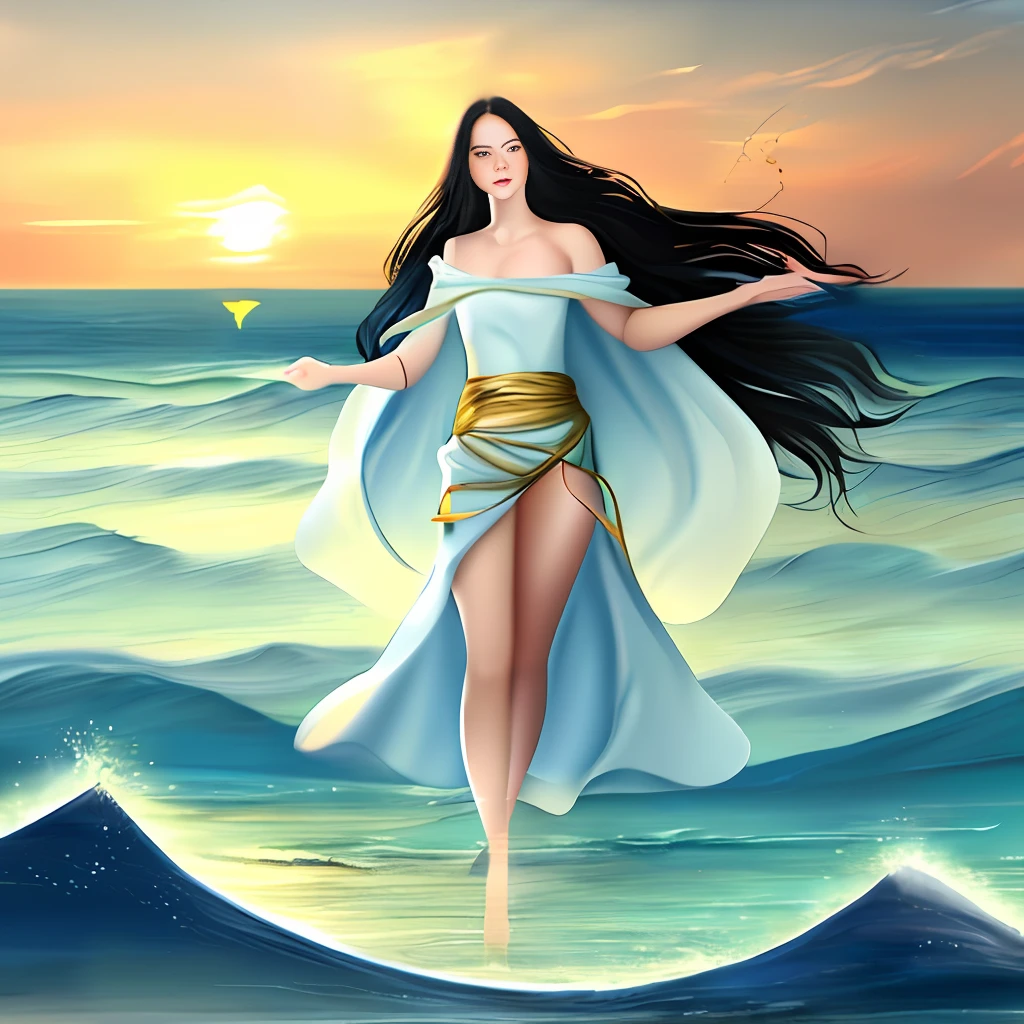 (painting style tag: romantic), sea and sky line, blue sky and white clouds, (1 person), white dress, cloak, breeze blowing, (black long hair|gold long hair|brown long hair), (early morning|evening), water waves Ripples, fishing boats in the distance, waves crashing on the shore. Female, stockings, naked, front view