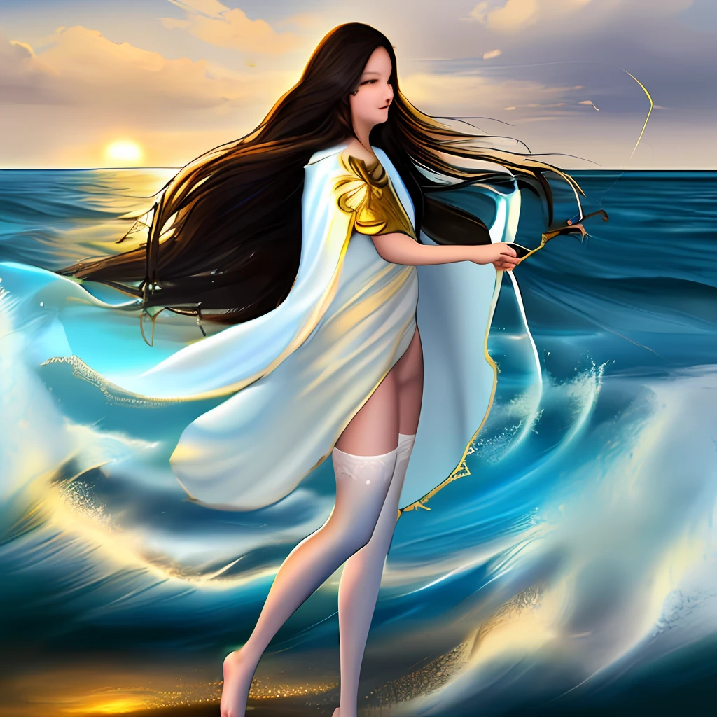 (painting style tag: romantic), sea and sky line, blue sky and white clouds, (1 person), white dress, cloak, breeze blowing, (black long hair|gold long hair|brown long hair), (early morning|evening), water waves Ripples, fishing boats in the distance, waves crashing on the shore. Female, stockings, naked, front view
