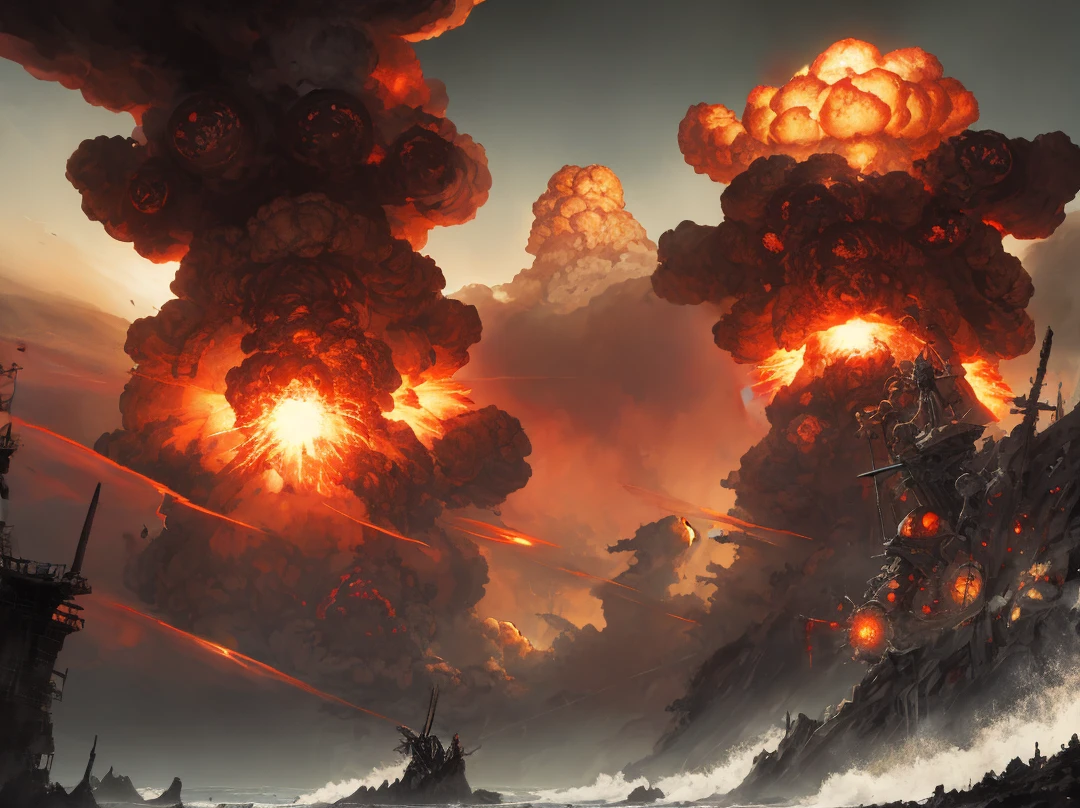 (ashenhard style:0.6), masterpiece, best quality, high quality, (nuclear explosion over the Pacific Ocean:1.2), award winning photography, Depth of Field, HDR, extremely detailed, trending on artstation, trending on CGsociety, Intricate, High Detail