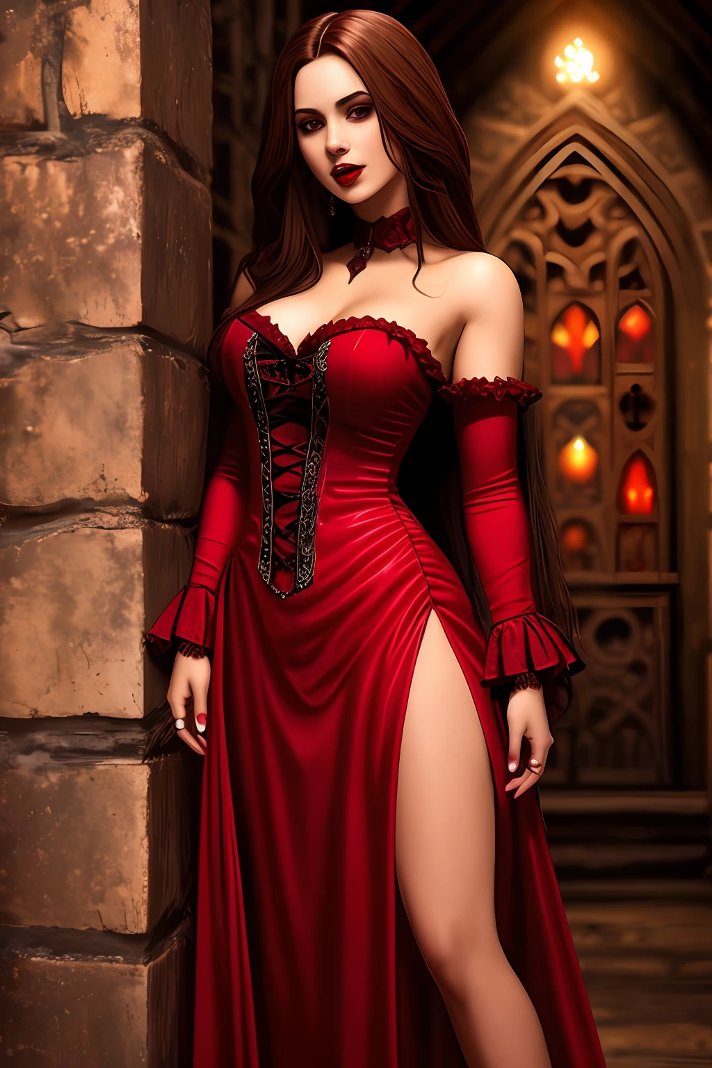 masterpiece, highest quality, details, Latin woman, vampire, fangs in mouth, red dress, long brown hair, soft honey skin, full body, modern, in a dungeon, game character, realistic, gothic