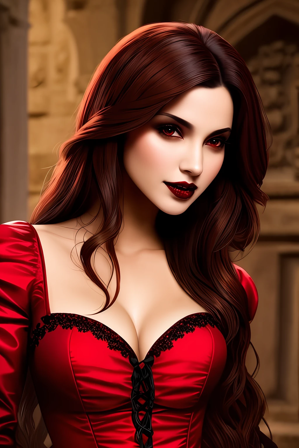 masterpiece, highest quality, details, Latin woman, vampire, fangs in mouth, red dress, long brown hair, soft honey skin, full body, modern, in a dungeon, game character, realistic, gothic