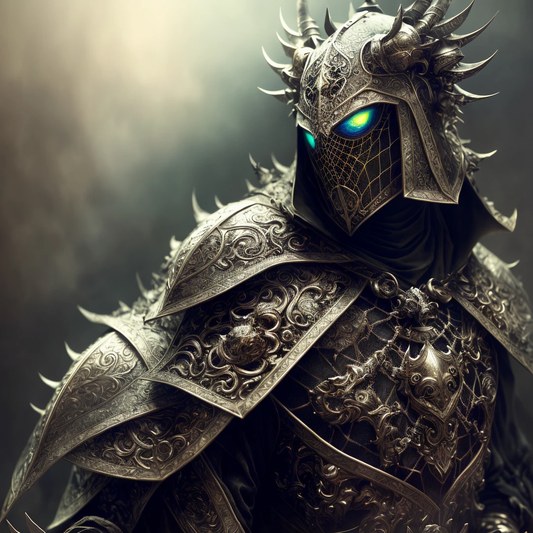 sitting on the throne, king of the dead with a crown of bones, black web robe, web, spiders on armor, with a black blade in his hand, fantasy, dramatic photo, dynamic photo, full body view, blurred background, highly detailed, ultra-realistic, 8k, (realistic:1.3), poster, intricate details, painting \(artwork\), ((masterpiece,best quality)), ((cinematic light)), hyperealistic, fearsome, dark fantasy \(style\), detailed armor, detailed spider helmet, spider head, lots of hands, (dark shot:1.17), epic realistic, faded, ((neutral colors)), art, (hdr:1.5), (muted colors:1.2), hyperdetailed, (artstation:1.5), cinematic, warm lights, dramatic light, (intricate details:1.1), complex background, (rutkowski:0.8), (teal and orange:0.4)
