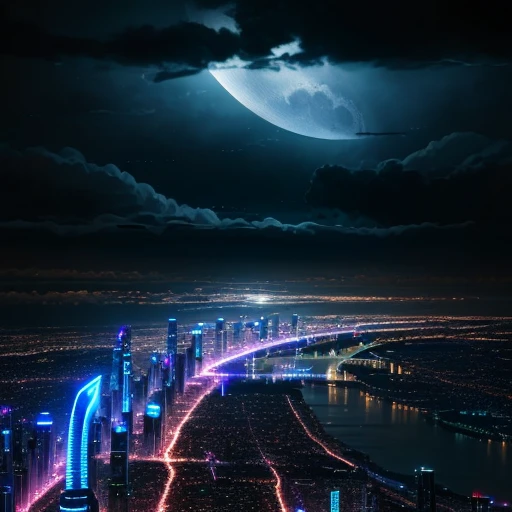high quality, futuristic city, neon outdoors, big bildings, night city, night back ground, shiny moon, cloudy night, river across the city