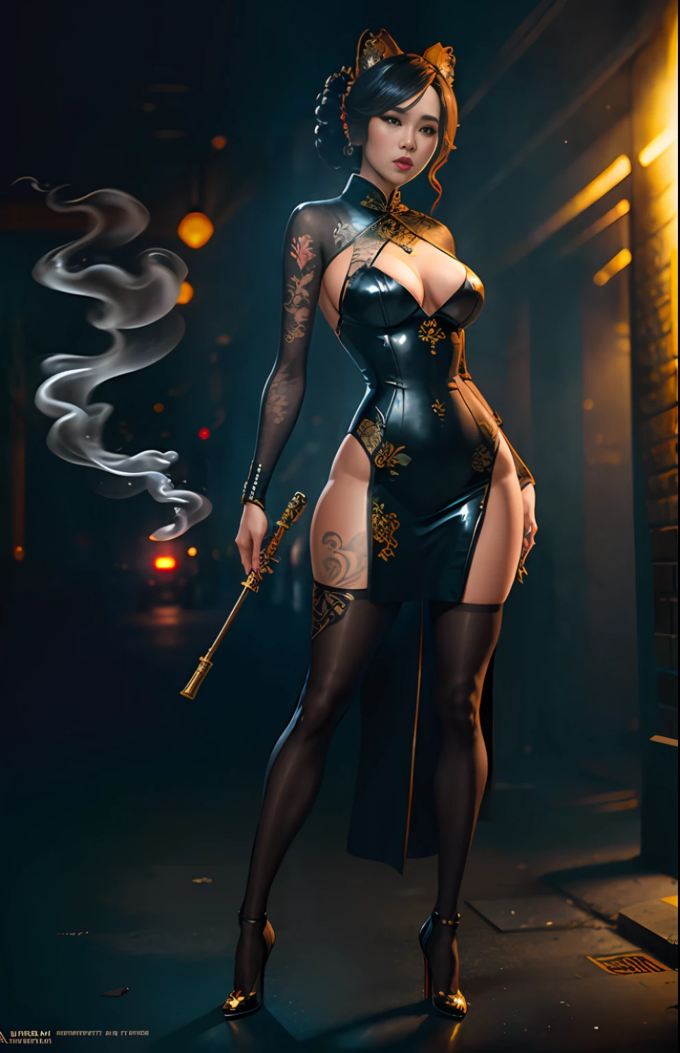 Masterpiece, ((ultradadetailed)), ((Animal anthropomorphism)), gangster theme, standing, female, seductive, long cheongsam (conservative: 1.1), sparkling stilettos, underworld dealing, blade spinning in hand, dim light, Smoke, shadows, corrupt cityscape, highest quality, single focus, curvaceous woman, full body, intricate (high detail: 1.1) Unreal Engine
