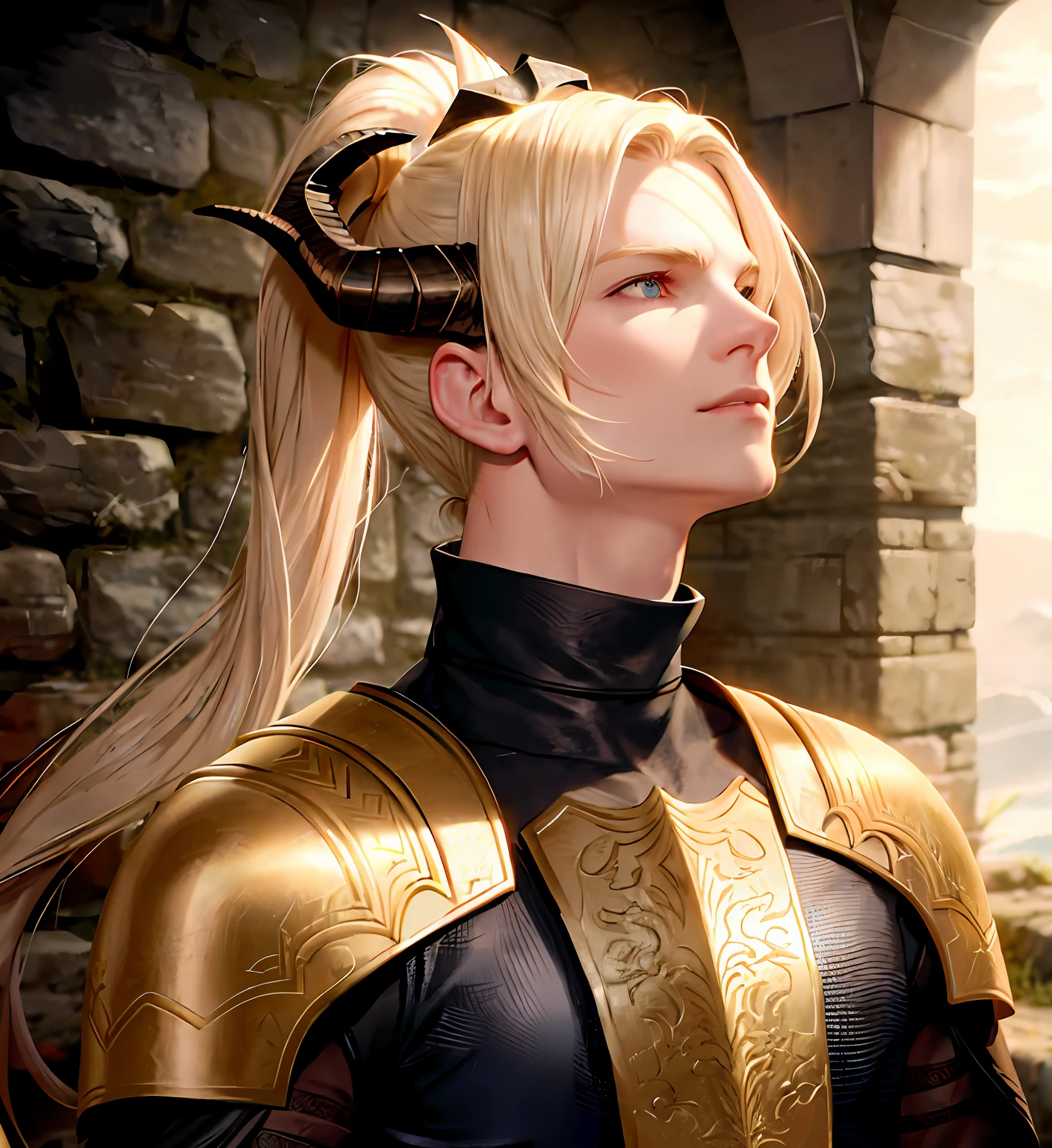Dim lights, stone walls, male, clean face, muscular, dragon horns on head, long hair, blond hair, low ponytail, shut up, bright eyes, fine armor, 8k, Unreal Engine, very detailed ,lifelike