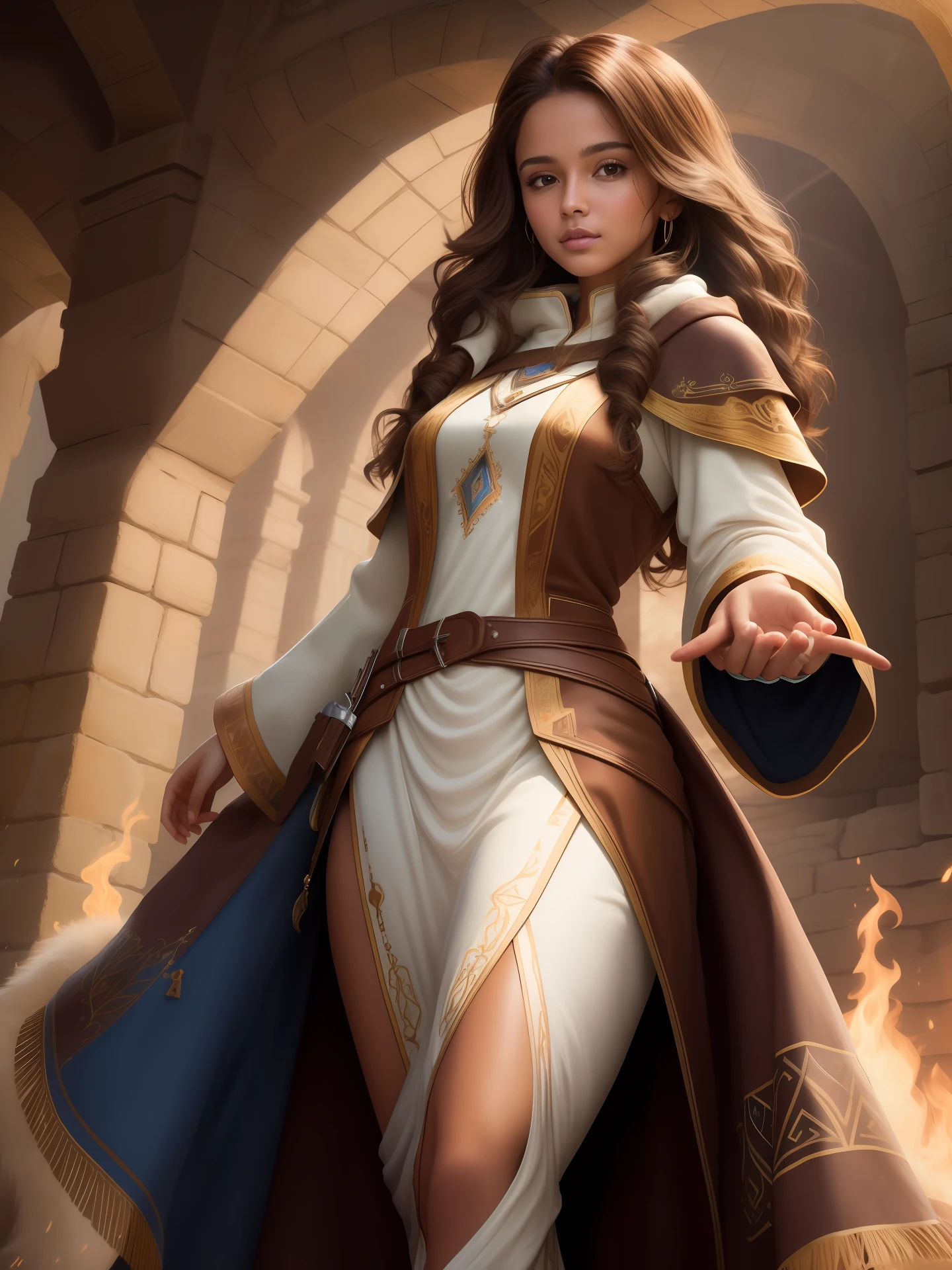 Masterpiece, highest quality, details, brown Latin female, mage, wizard, laboratory, long coat, innocent, brown hair