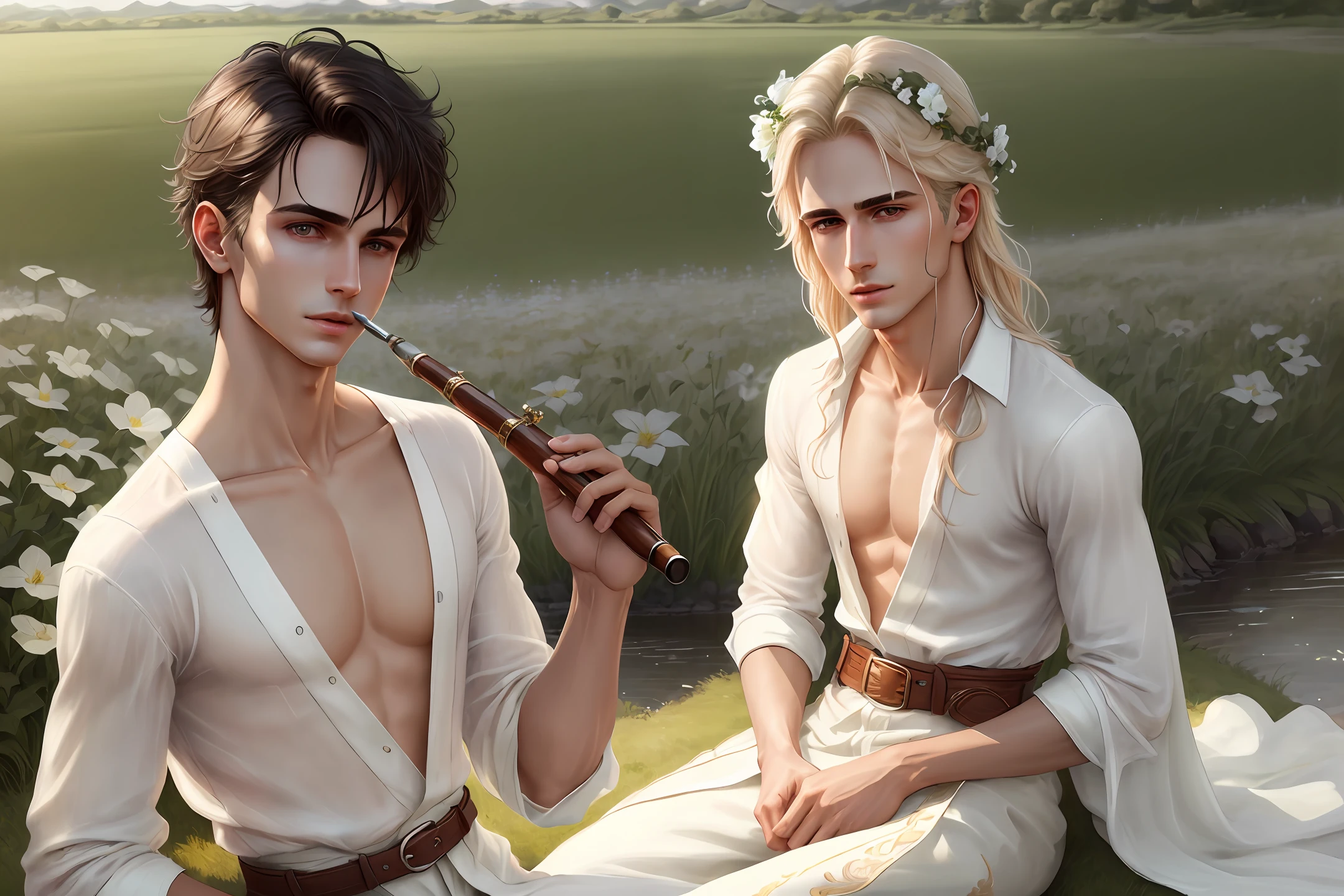 androgynous thin young man in a belted linen shirt and in a floral crown plays the pipe,the rays of the sun, river bank, long blond hair, green eyes, ((best quality)), ((masterpiece)), (detailed), realistic eyes, alluring male, ethereal beauty, (fantasy illustration:1.3), enchanting gaze, captivating pose, solo boy, delicate, otherworldly charm, summer day, soft colors, (detailed field landscape:1.3), (high-resolution:1.2), see through cloths, realistic, realism, sexy body, glowing torches, detailed eyes and lips, (perfect face:1.7), eroface, full body lenght, hyperrealism, photo edition, award-winning photo, high detail, high skin detail, clean skin, (clean shaven:1.5), Amazing, Fine Details, Best Quality, Extremely Detailed cg wallpaper unity, 8k, hd